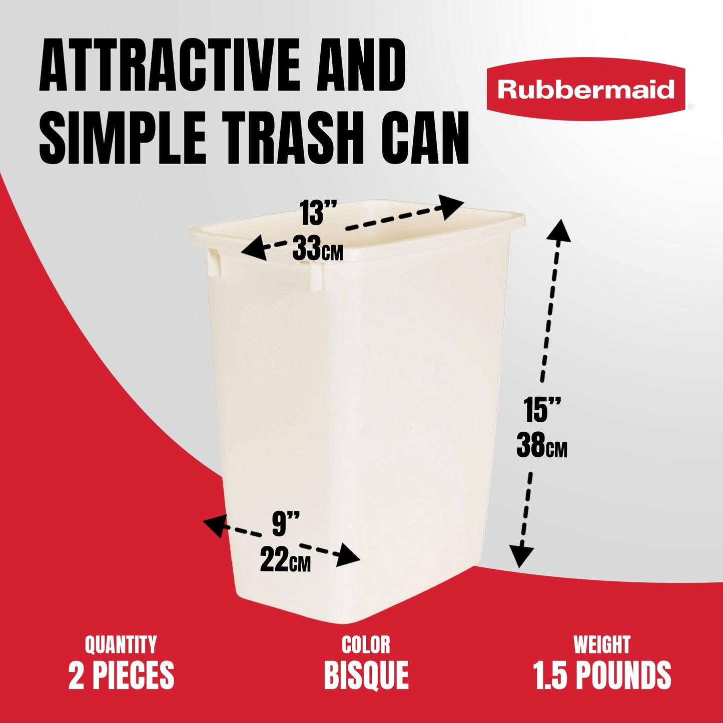 Rubbermaid 21 Quart Traditional Rectangular Plastic Open Wastebasket Trash Can for Kitchen, Bathroom, and Home Office, Bisque (2 Pack)
