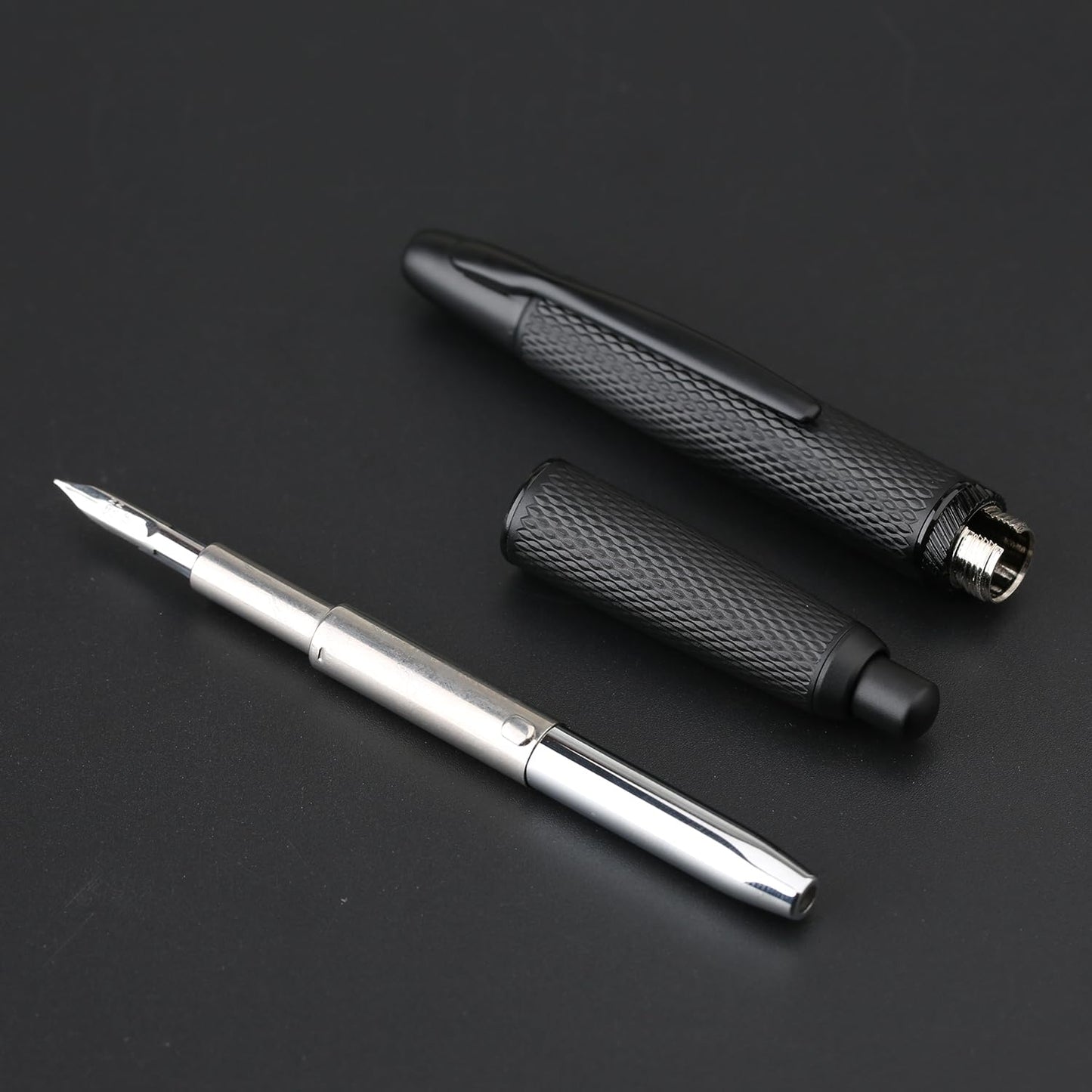 erofa Majohn A1 Retractable Fountain Pen Extra Fine Nib with Box, Black Grid Press Pen with Converter for Writing (With Clip Version)