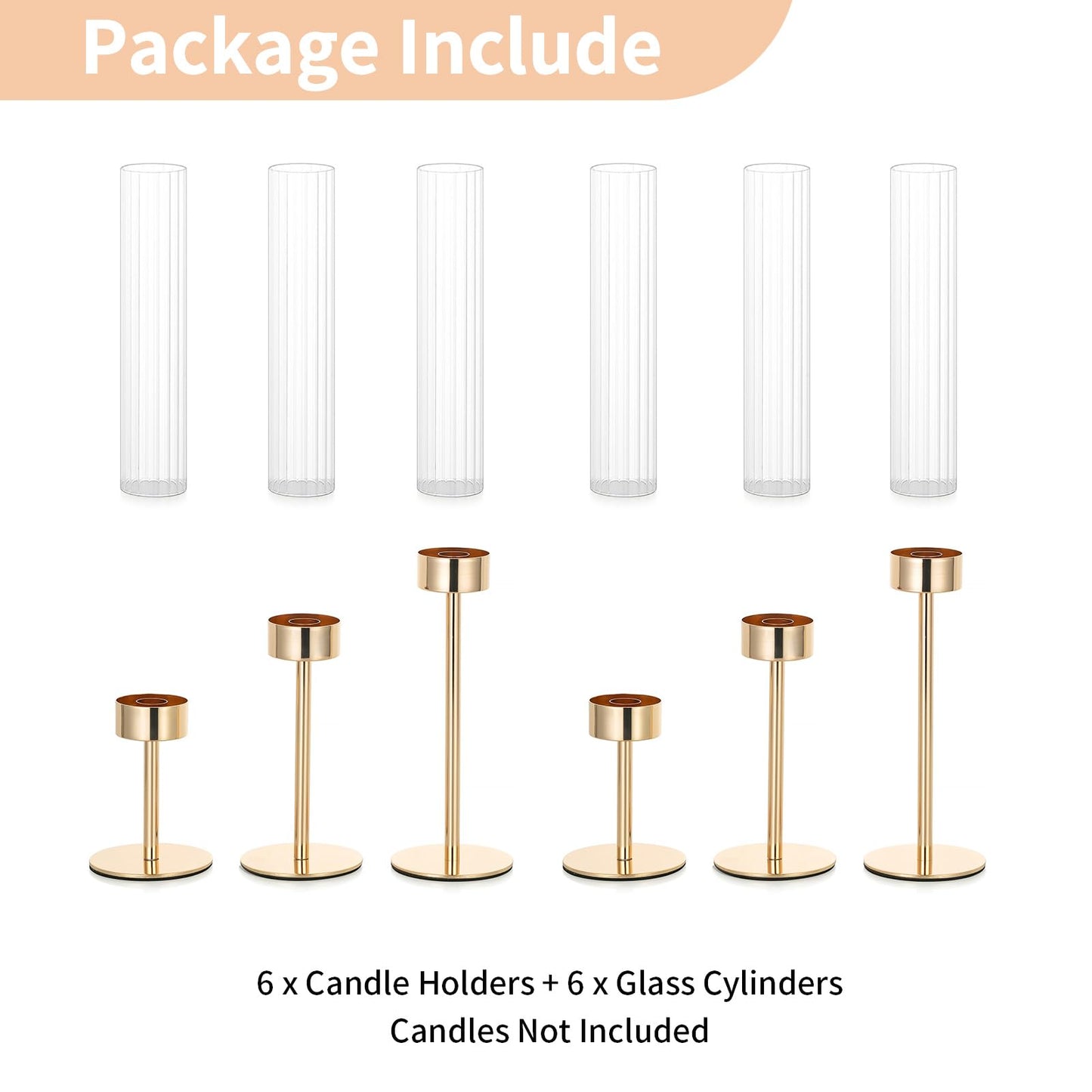 NUPTIO Hurricane Candle Holder for Centerpiece: Set of 6 Tall Candle Stick Holder with Ribbed Glass Cover - Bulk Fluted Taper Candlestick Decor for Living Room Thanksgiving Christmas