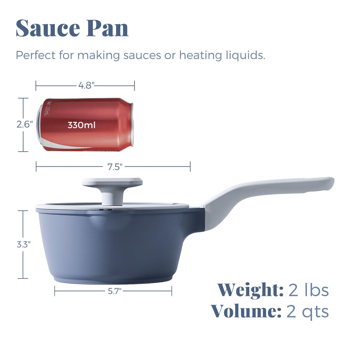 PRICUSIS Nonstick Saucepan with Lid, 2 Quart Ceramic Sauce Pan, Non Toxic Sauce Pot with Pour Spouts for Multipurpose Use, PTFE, PFOA & PFAS Free, Induction Compatible.