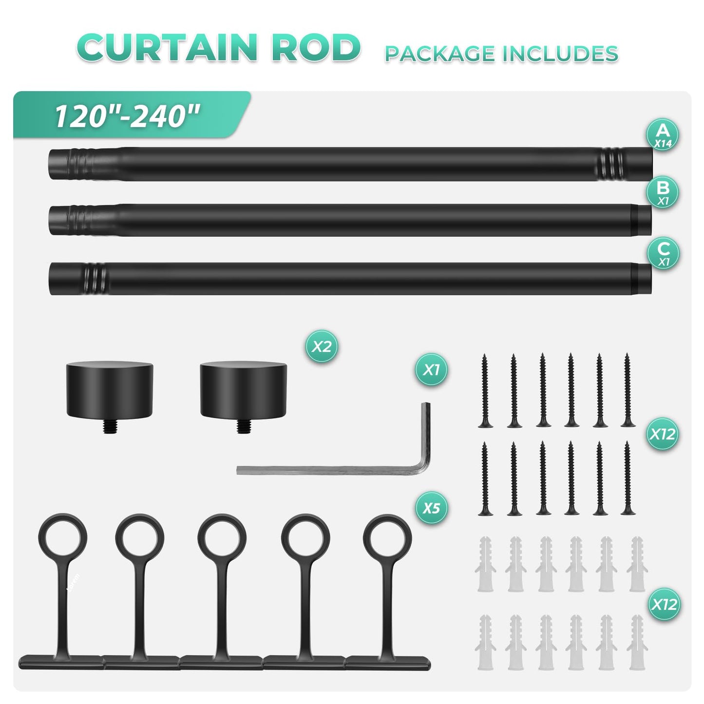 Extra Long Curtain Rods for Windows 120" to 240", 1 Inch Matte Black Drapery Rod For Bedroom Living Room Divider Adjustable Heavy Duty Outdoor Curtain Rod for Patio Cap Finials