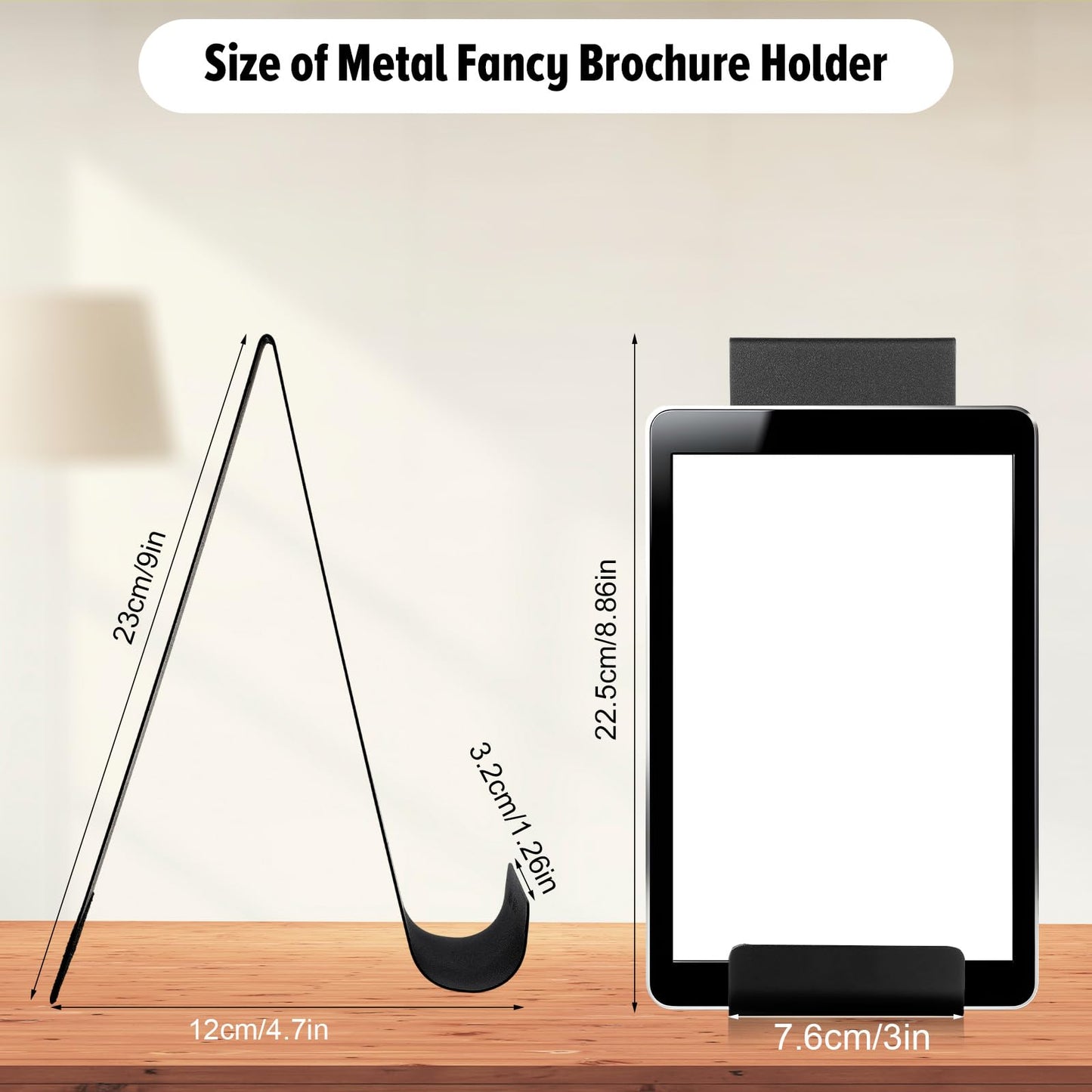 Afcabakila 4 Pack Black Metal Brochure Holder, 8.9" Fancy Vertical Display Stand, Black Heavy Duty Elegant Flyer Brochure Holder Stand for Table Menus, Pamphlets, Countertop Literature Organizer