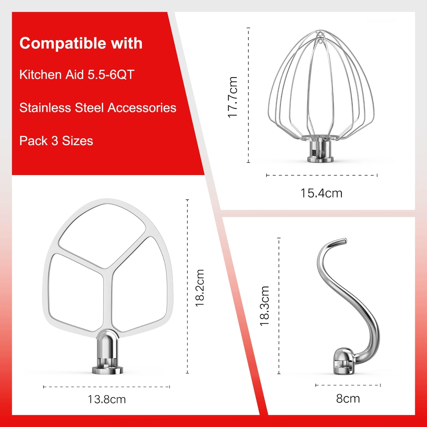 Stainless Steel Kitchen Mixers Accessories Compatible with Kitchen Aid Mixer and 5.5-6 Qt Bowl. KN256 6-Wire Whip, 5.5-6QT Flat Beater, 6QT Dough Hook Attachment Dishwasher safe