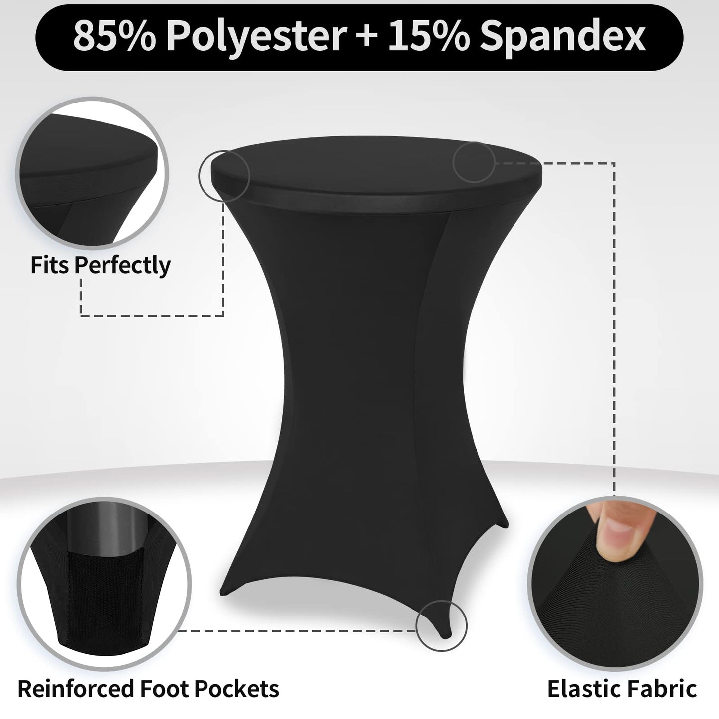 FestiCorp 2 Pack Spandex Black Table Cover, Cocktail Fitted Tablecloths, Round Highboy Stretch Table Covers Cloths for Party, DJ, Bar, Wedding, Birthday, Banquet, 30"-32" Diameter x 40"-43" Height