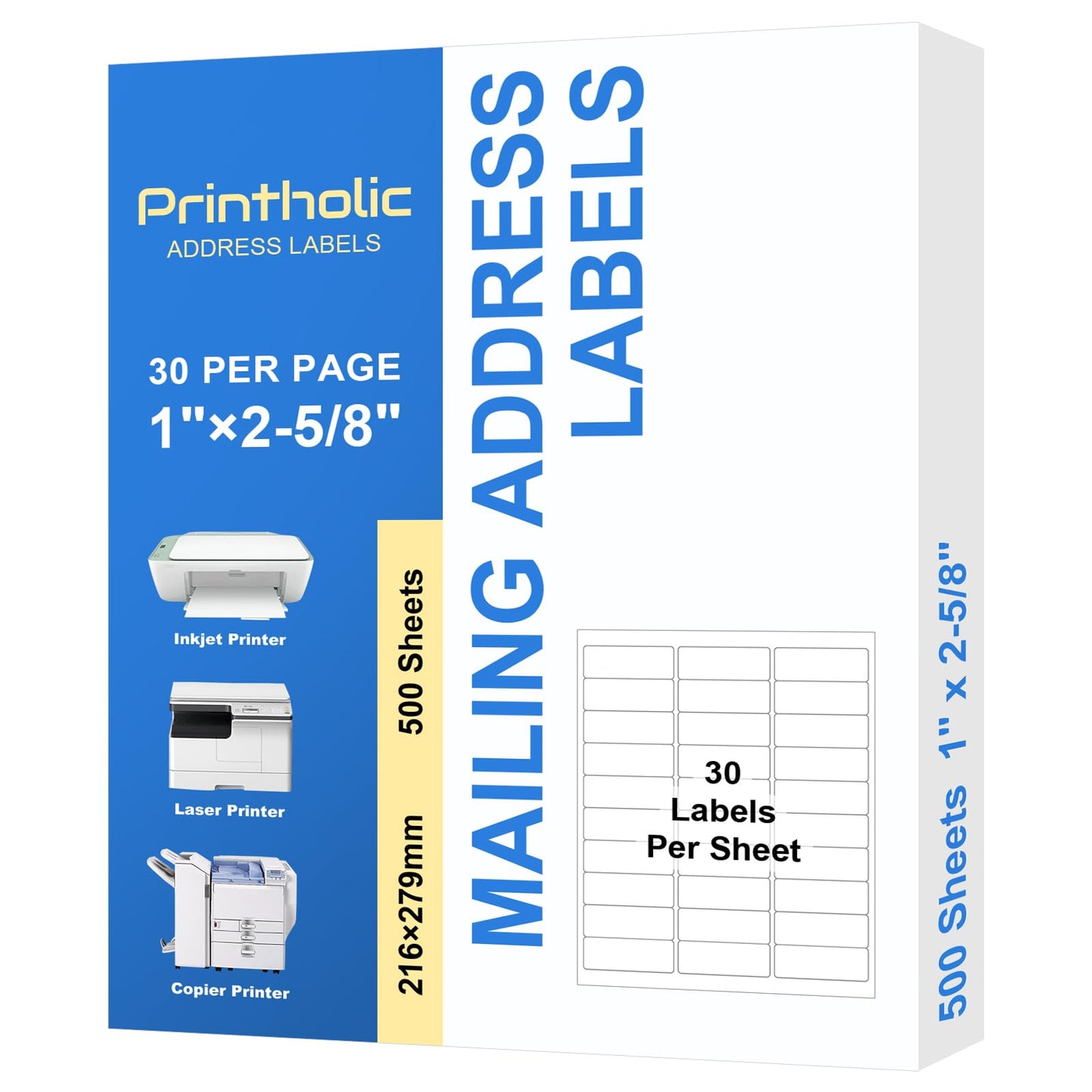 Printholic 15000 30 Per Sheet Self Adhesive 1" x 2-5/8" Address Shipping Labels for Laser & Inkjet Printers - 500 Sheets, 30 Per Labels Per Page, 30 up Labels
