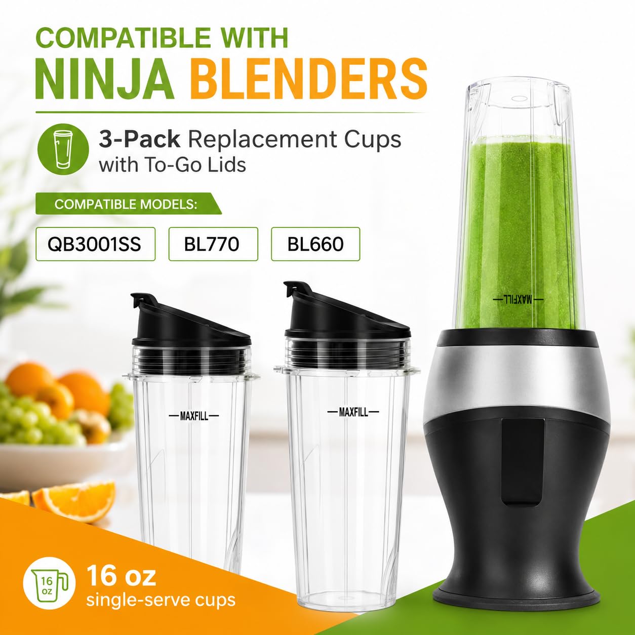 Blender 16oz Cups Replacement for Ninja - 3 Pack Ninja Blender Cups with Lids, Compatible with Ninja QB3001SS, BL770, BL780, BL660, BL740, BL810, Nutri Ninja Series Blenders