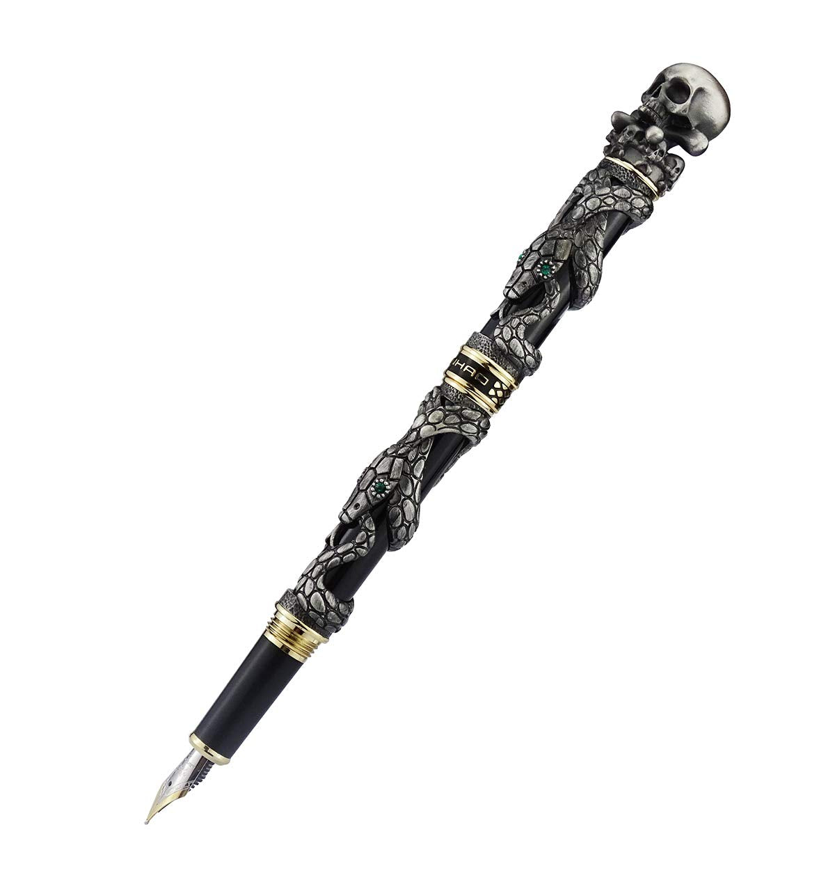 Jinhao Black Snake Fountain Pen Medium Nib Retro Style with Skull Head Solid Metal and Paper Pen Case Set