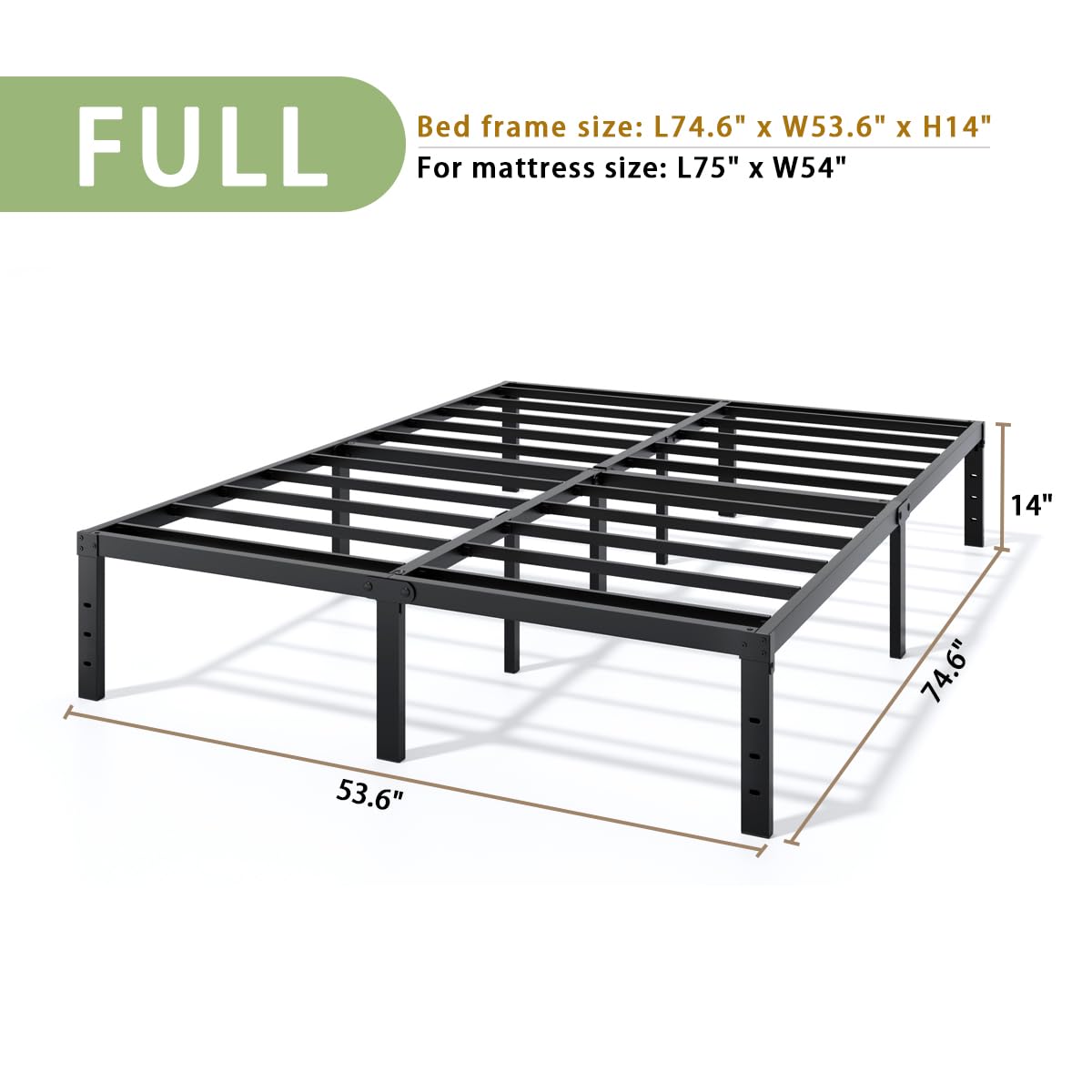 LUMUNANCE Metal Bed Frame Full Size - 14 Inch Heavy-Duty Full Platform Bed Frame No Box Spring Needed, Easy Assembly, Noise-Free, Sturdy Mattress Foundation, Underbed Storage Space