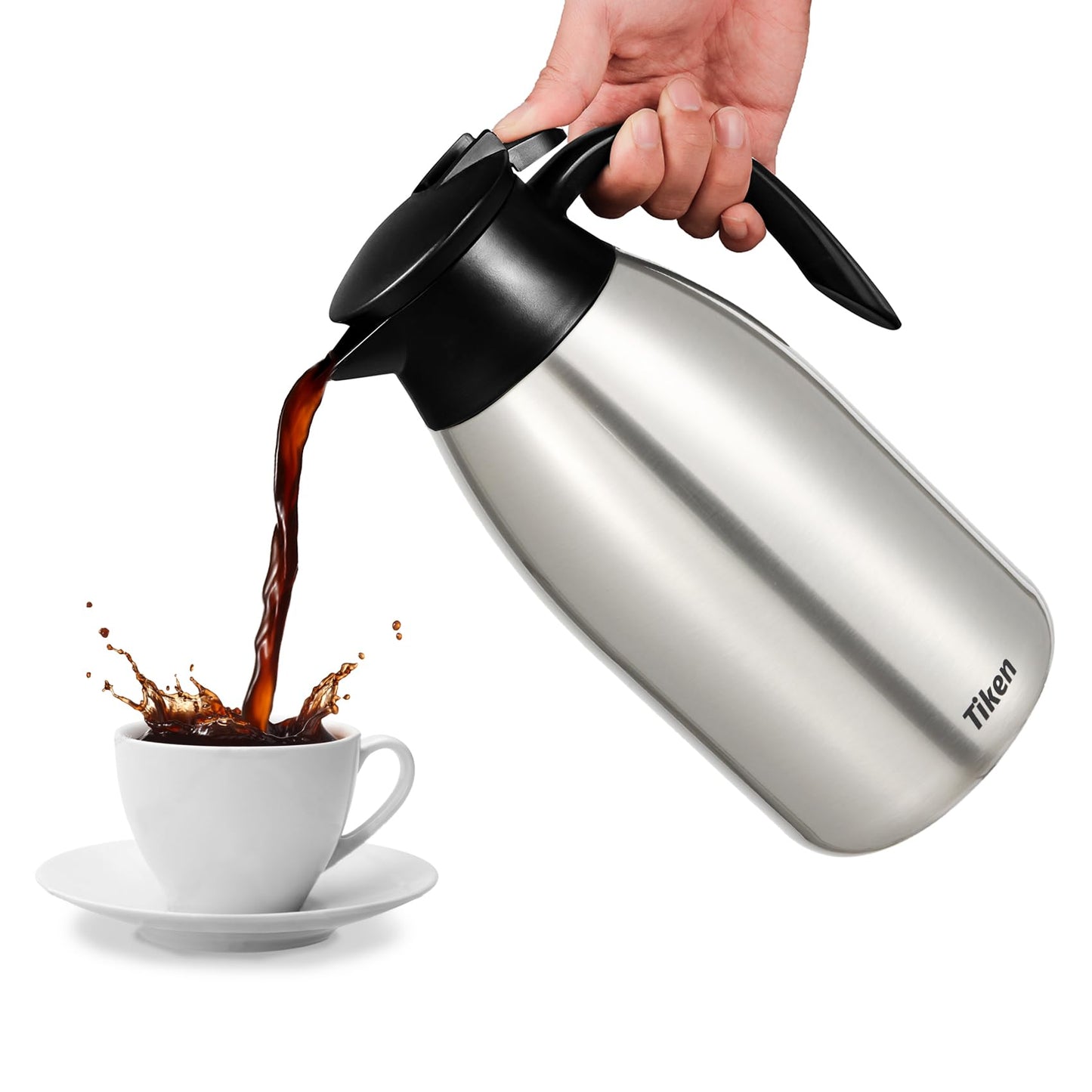 Tiken 85 Oz Thermal Coffee Carafe, Stainless Steel Insulated Vacuum Coffee Carafes For Keeping Hot, 2.5 Liter Beverage Dispenser (Silver)