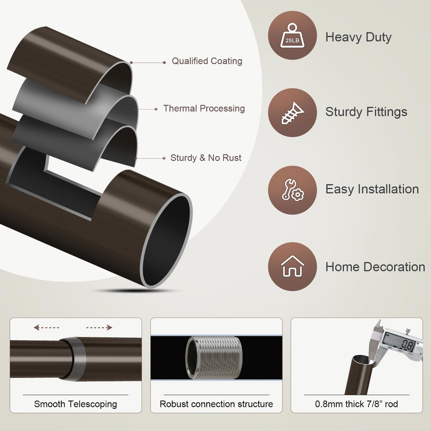 Lootkell Bronze Curtain Rods for Windows 48 to 84 Inches Adjustable Length Heavy Duty 7/8" Diameter Brown Window Curtain Rod with Decorative Finials for Outdoor Farmhouse Bedroom Kitchen Living Room