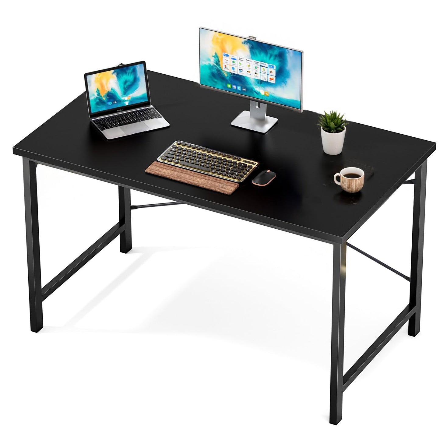 Sweetcrispy Computer Office Desk 48 Inch Student Study Writing Work with Metal Frame Wood Tabletop Modern Simple PC Home Bedroom Table - Basic Black, Compact Sturdy Desk for Laptop, Study, Gaming