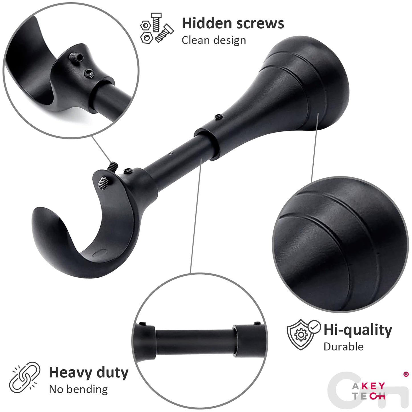 Heavy Duty Curtain Rod Brackets for Wall, 6 inch Curtain Rod Brackets, Extra Long Holder for Heavy Curtains, for 3/4 to 1 inch Rods, 4 pcs Extended Wall Mount Holders, Set of Four, Black