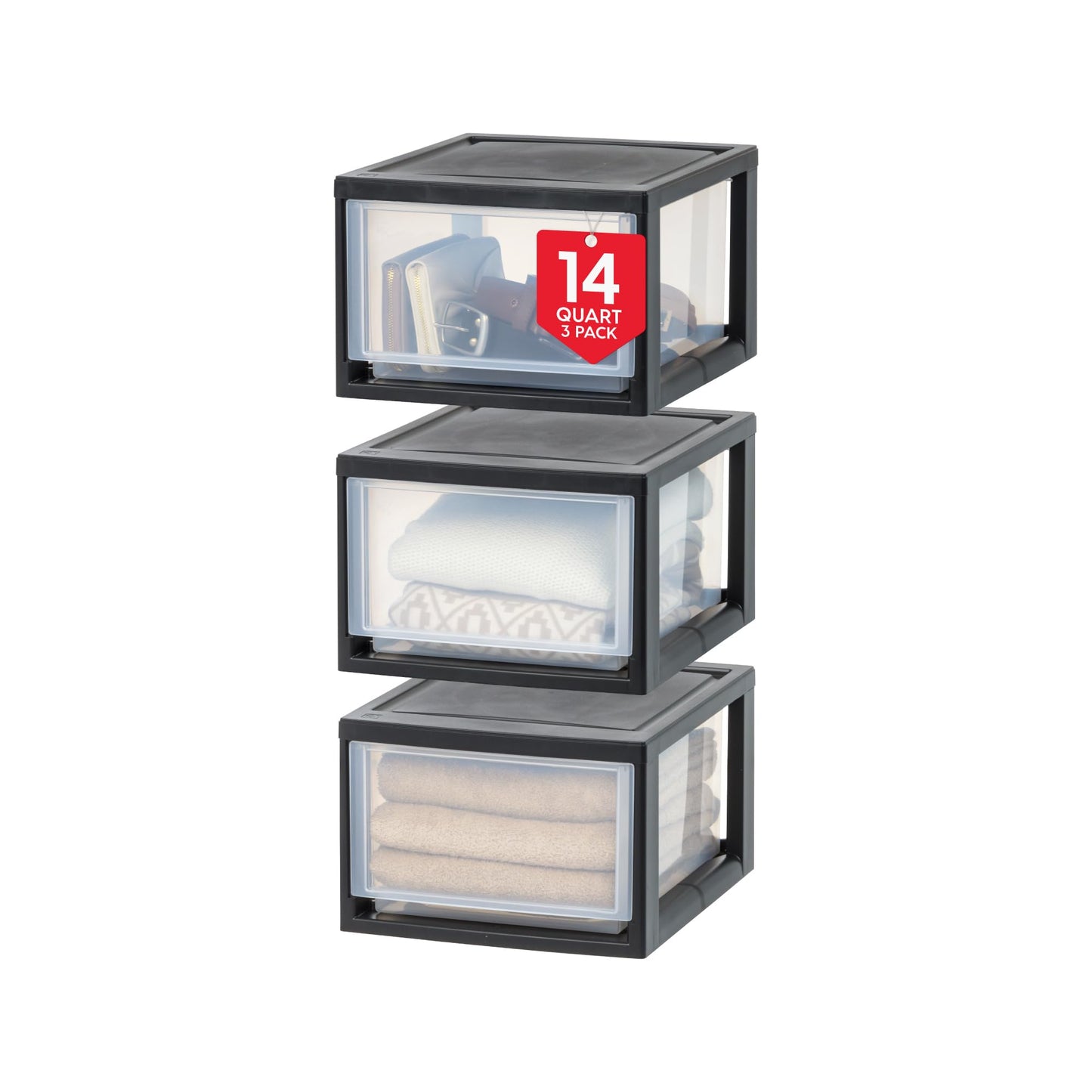 IRIS USA 14.5 Qt. Plastic Drawer Storage Organizer Stacking Drawers, 3-Pack, Stackable Unit with Sliding Drawer for Clothes Bedroom Kitchen Under Sink Pantry Craft Room Bathroom Dorm Office, Black