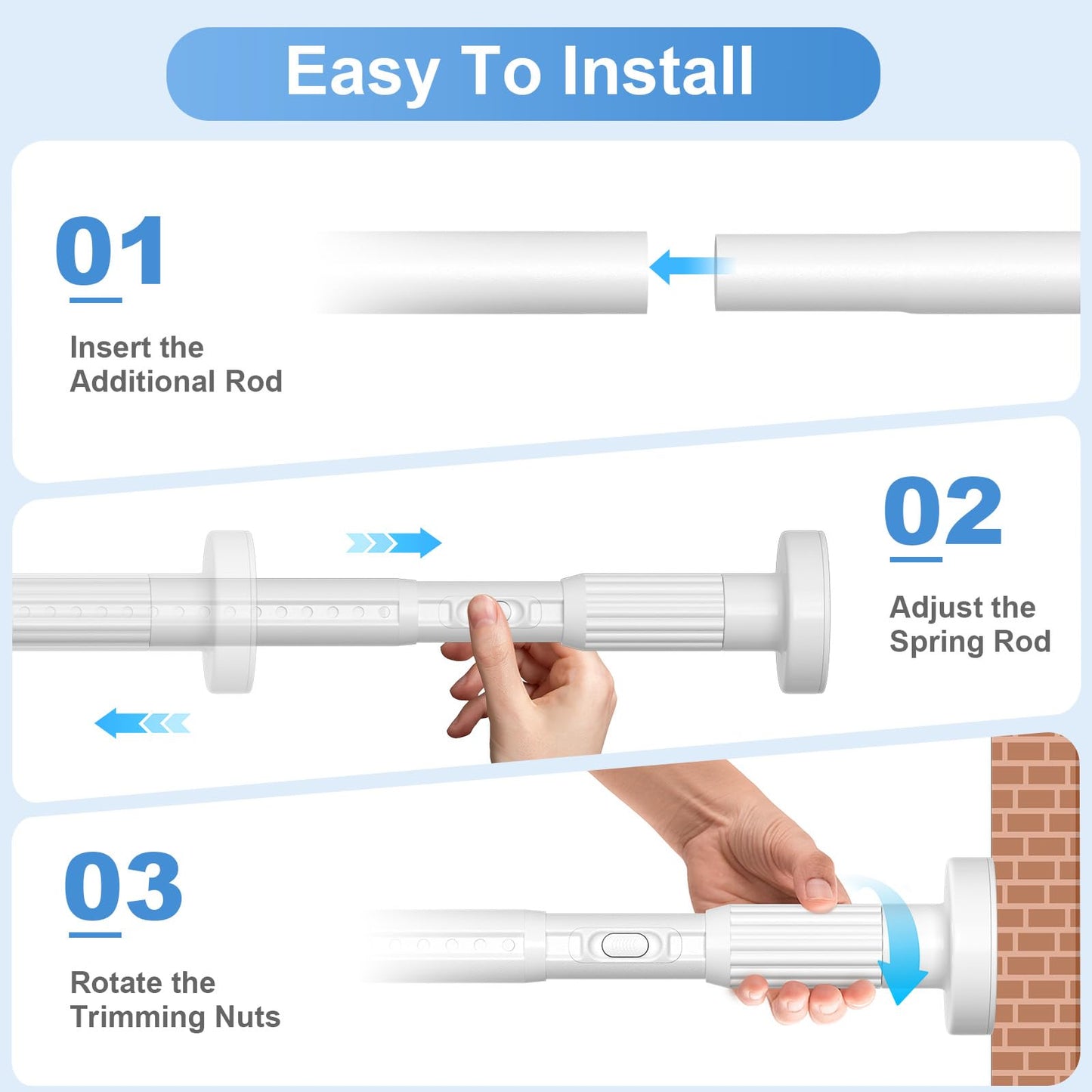 Long Tension Rod 39-144inch White Tension Curtain Rods no Drilling 1.26" Diameter Outdoor Curtain Rod for Patio,Windows,Shower,Doorway,Heavy Duty Spring Rods
