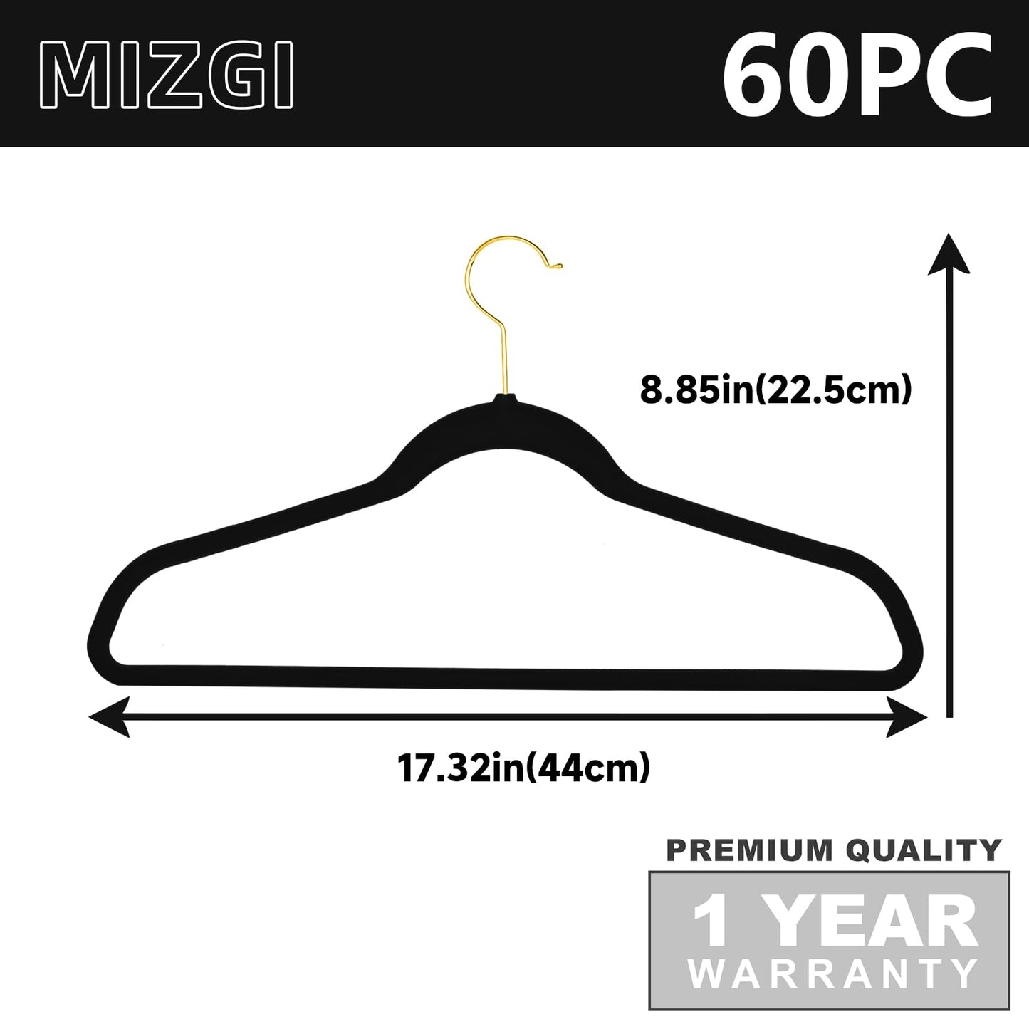 MIZGI Black Velvet Hangers 60 Pack,Premium Gold Clothes Hangers Non-Slip Felt Hangers,Sturdy Black Heavy Duty Coat Durable Suit Hanger for Space Saving, No Flocked Marks