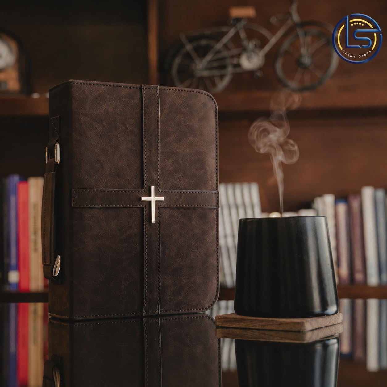 Bible Cover (U.S. Patent Pending), Discreet & Elegant Bible Case, Brown PU Leather Bible Cover, Cross Design Bible Bags, Strong and Sturdy Book Case, Includes Premium Bookmark
