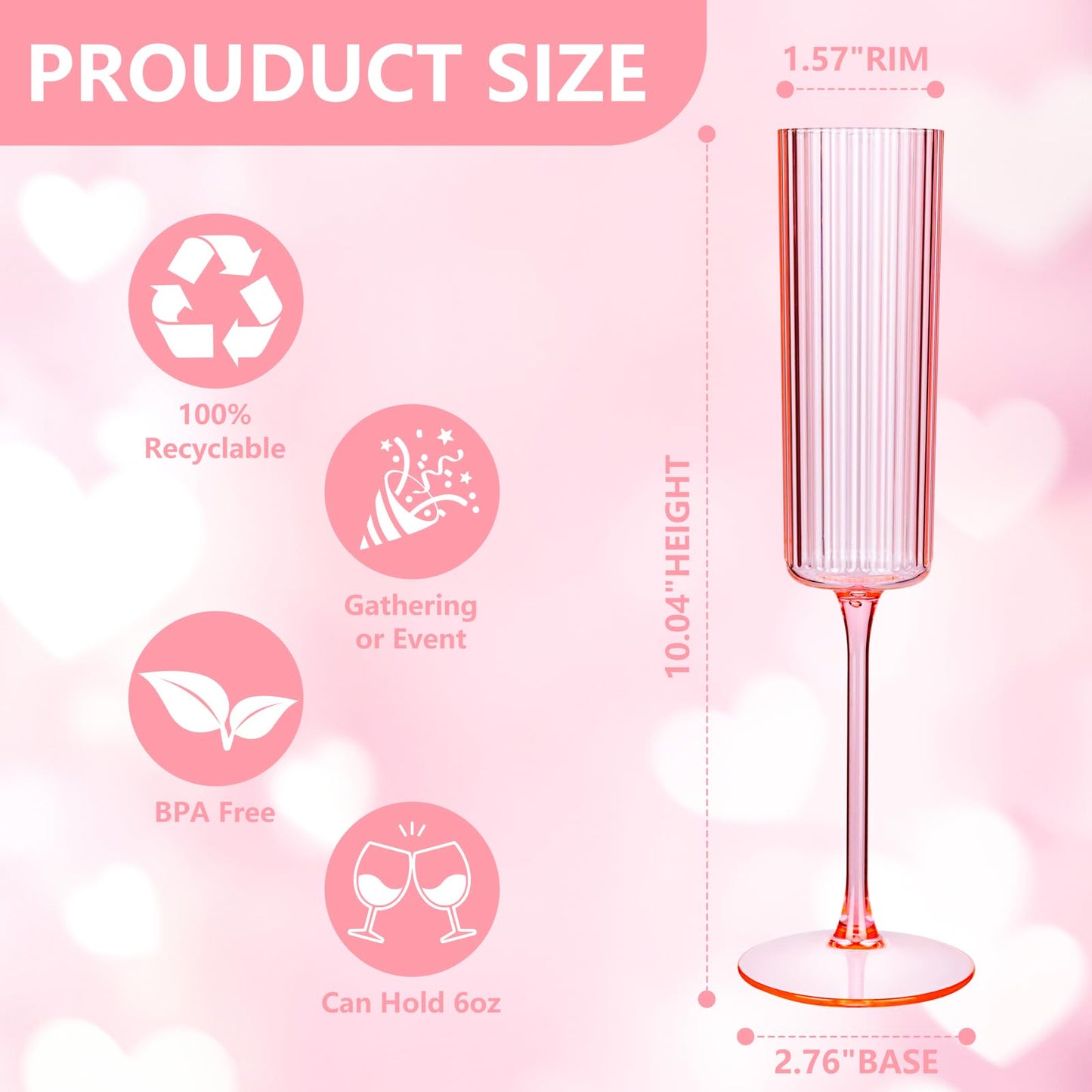 Joyido 36 Pack Pink Plastic Champagne Flutes - 6oz Ribbed Disposable Champagne Glasses - Clear Pink Vintage Mimosa Glasses with Long Stem Elegant & Lightweight for Wedding Party
