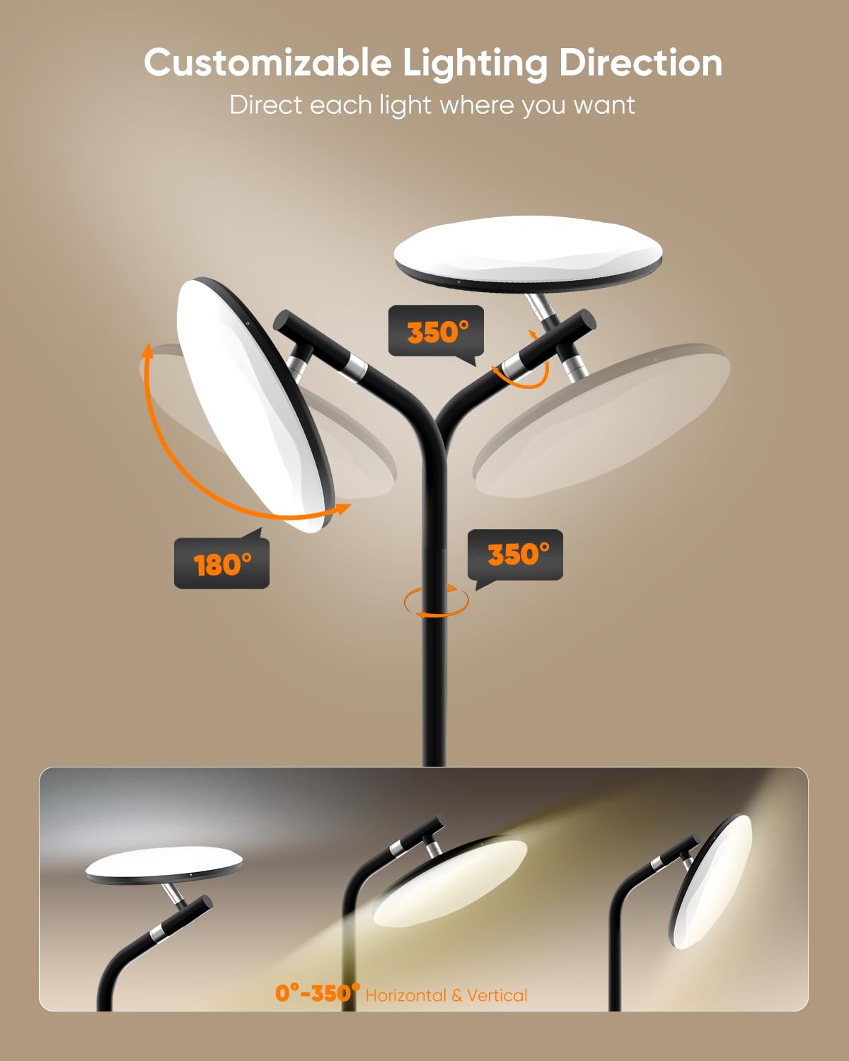 RUNBARRY LED Floor Lamp, 36W Super Bright Standing Lamp with Remote & Touch Control, 69" Stepless Dimmable Torchiere Floor Lamps, 350° Rotating Head Floor Lamp for Bedroom, Living Room, Office, Black