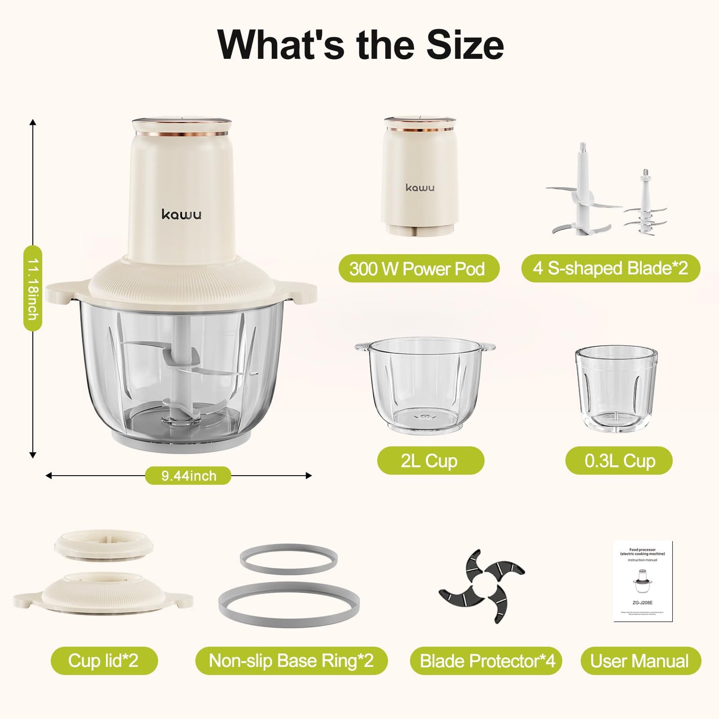 Kawu Electric Food Processors, 300W Food Chopper with 2 Bowls (8 Cup+1 Cup), 2 Speeds Meat Grinder with Stainless Steel Blades, Mini Vegetable Garlic Chopper Glass Blenders for Kitchen Home
