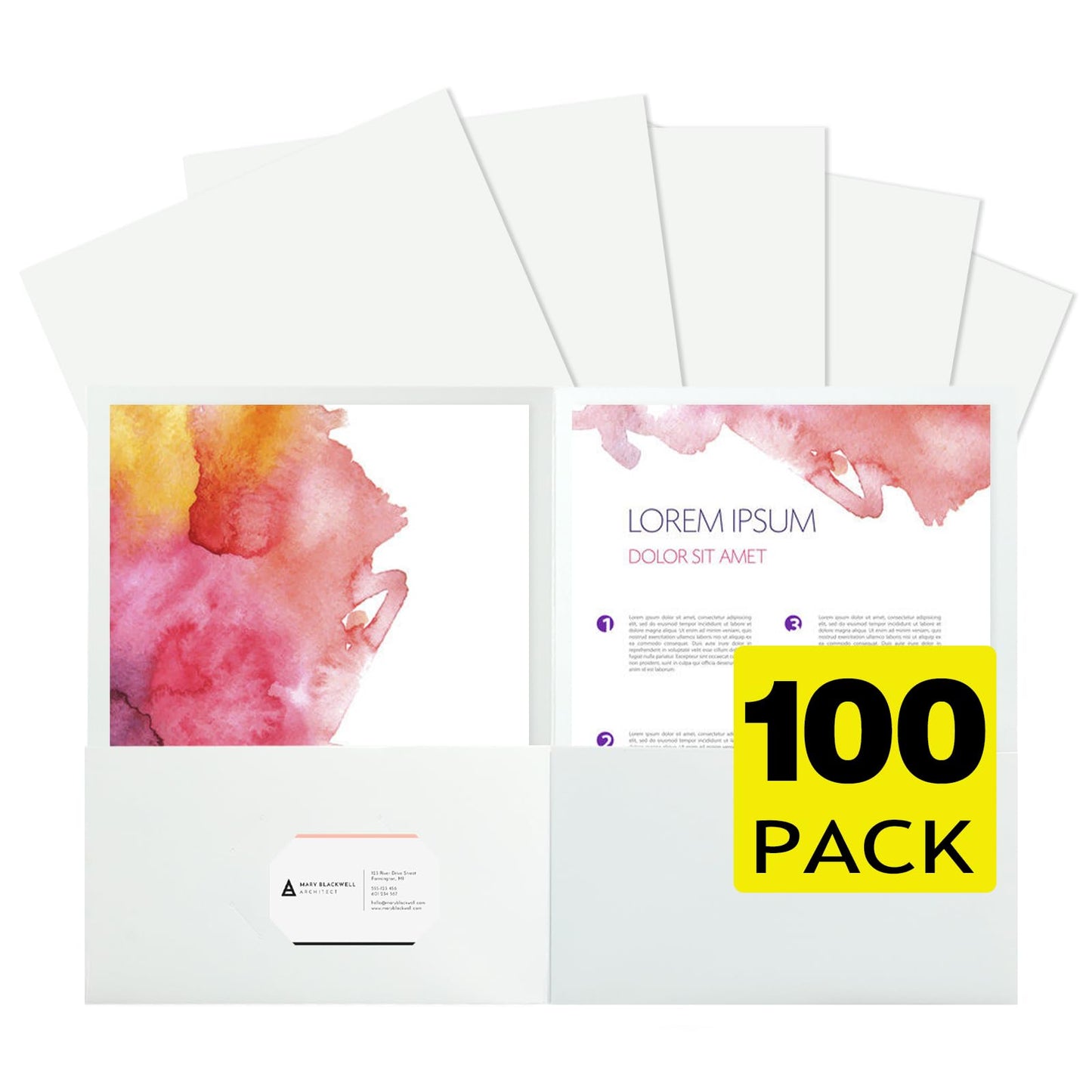 pmybupo 100Pcs White Folders with Pockets and Business Card Holder,2 Pocket Folders for School,Home or Office,Durable Heavy Duty File Folders