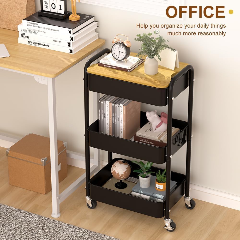 HIDODO 3 Tier Metal Utility Cart, Rolling Storage Cart with Wooden Tabletop, Metal Organizer Cart with Lockable Wheels for Office, Bedroom, Kitchen and Living Room (Black)
