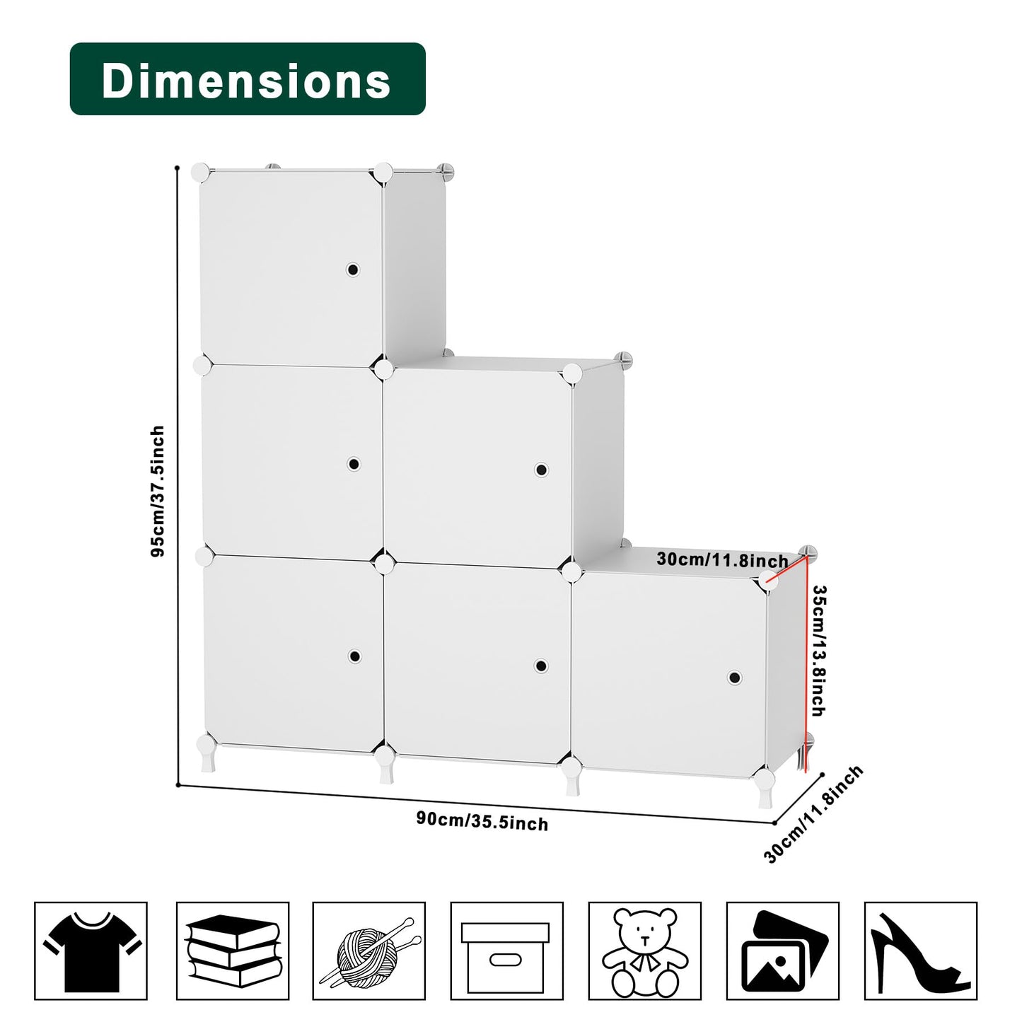 ATTDETJL Cube Storage Organizer, 6-Cube Shelves Unit with Doors, DIY Stackable Plastic Clothes Organizer for Bedroom and Under Stairs Storage Unit, Each Compartment 30 x 30 x 30 cm White