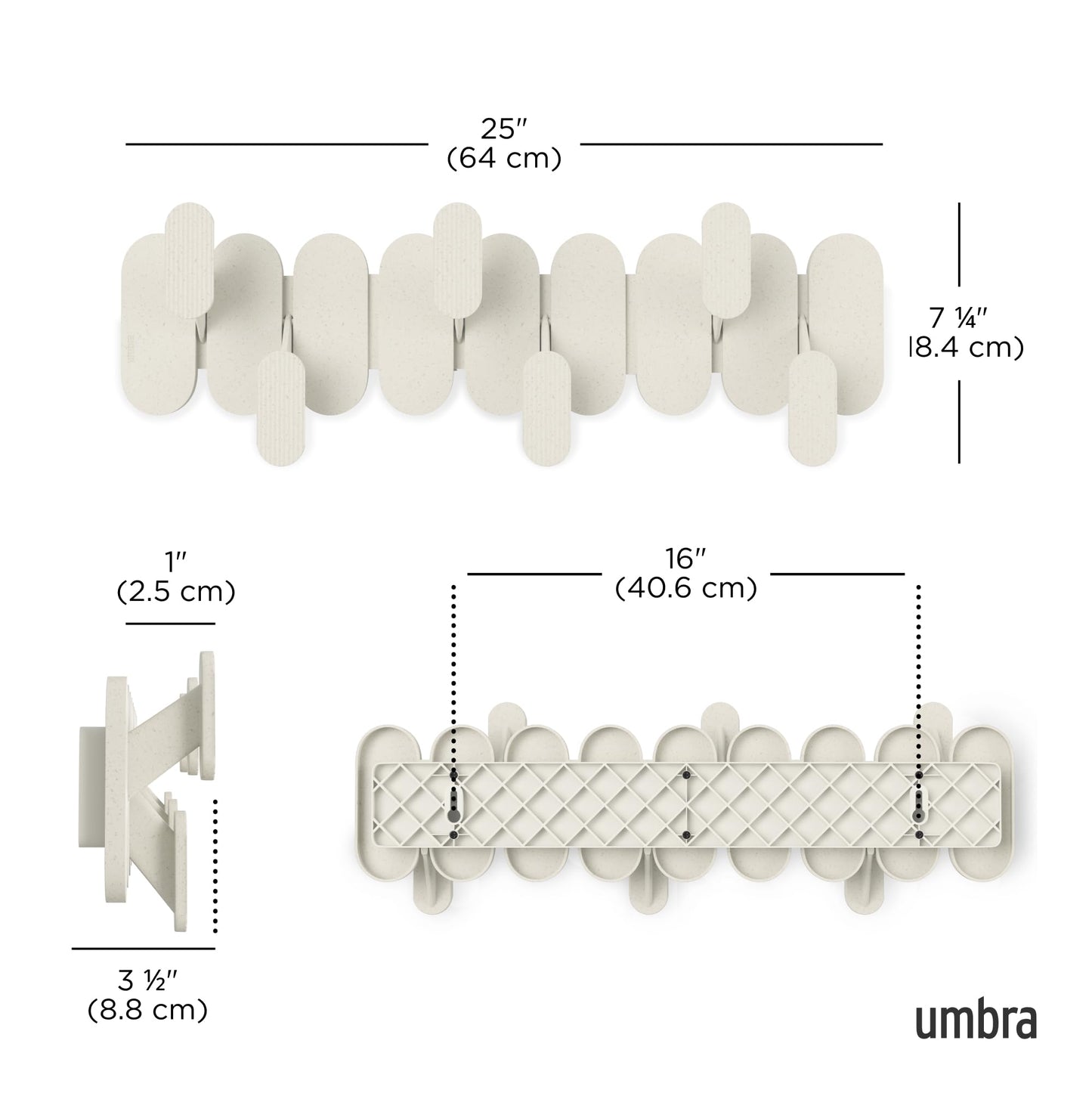 Umbra Tempo Wall Hook – Modern 6-Hook Coat & Towel Rack, Recycled ABS & Wood Fiber, Sand (Beige), Easy Mount Entryway Organizer