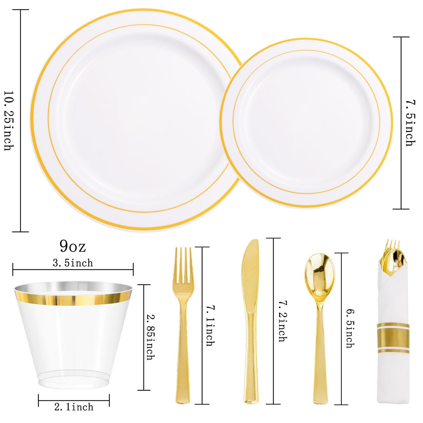 DaYammi 350PCS Gold Plastic Dinnerware Set for 50 Guests, Fancy Disposable Plates for Party, Include: 50 Dinner Plates, 50 Dessert Plates, 50 Pre Rolled Napkins with Gold Silverware, 50 Cups