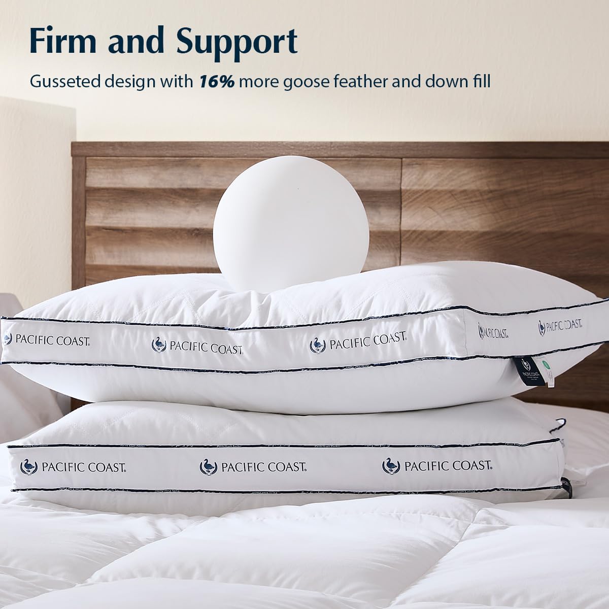 Pacific Coast Firm Bed Pillow, Luxury Hotel Collection Goose Feather and Down Pillow for Sleeping, Standard Size with Gusset Design, Oeko-TEX Certified, Supportive for Side and Back Sleepers