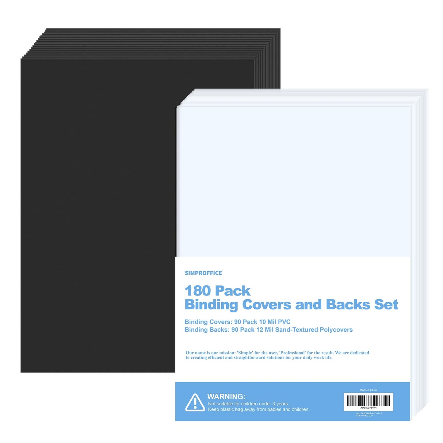 SIMPROFFICE 180 Pack Binding Covers and Backs Set, 8.5 x 11 Inches, 90P Clear PVC Covers (10 Mil), 90P Black Sand-Textured Polycovers (12 Mil)，Presentation Covers for Binding, Letter Size
