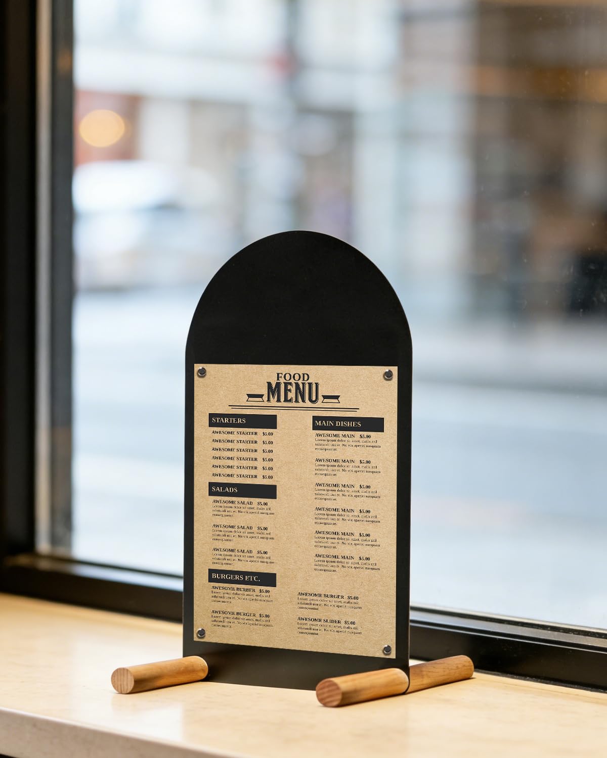 Metal Tabletop Menu Stand with Magnetic Holders and Chalk Writable Surface, Reusable Cafe Display Board with Wooden Base for Restaurant Bakery Retail Counter Menu, Daily Specials and Price Signs