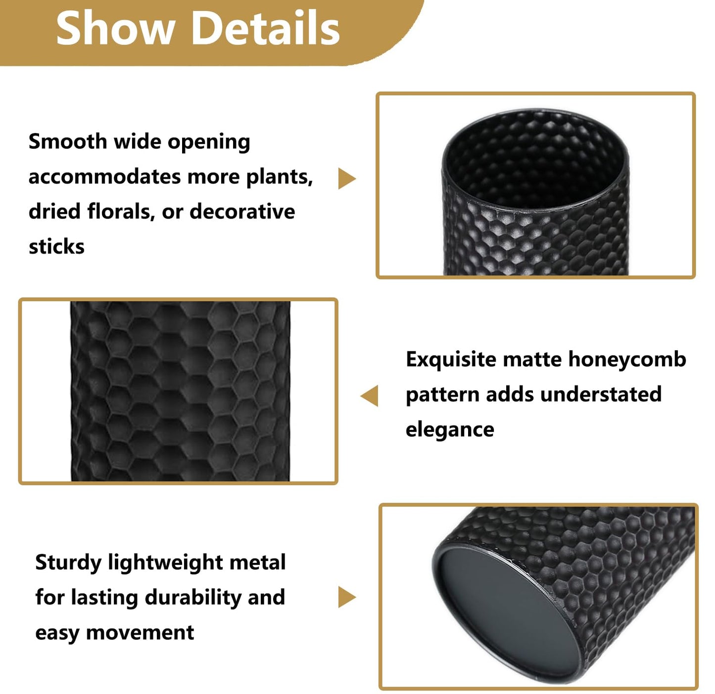 NOLIPED Black Tall Floor Vase - Set of 3 Extra Large Metal Decorative Vases for Living Room, 27.6" Long Modern Honeycomb Texture Big Cylinder Standing Corner Decor for Home Dining Bedroom Pampas Grass