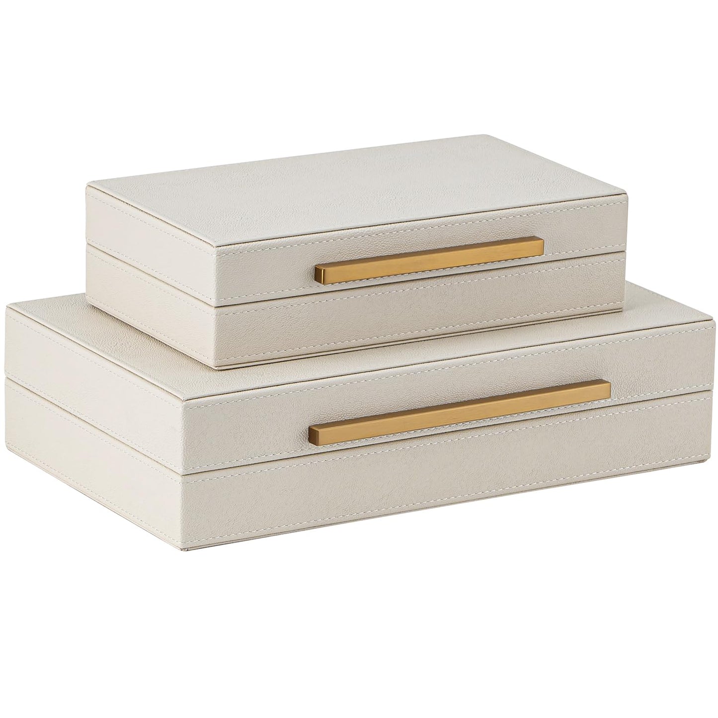 XIGEXIGE Faux Leather Large Modern Stackable Nesting Jewelry Box with Lids Organizer – Set of 2 Beige Shagreen Decorative Storage Boxes with Gold Metal Handles