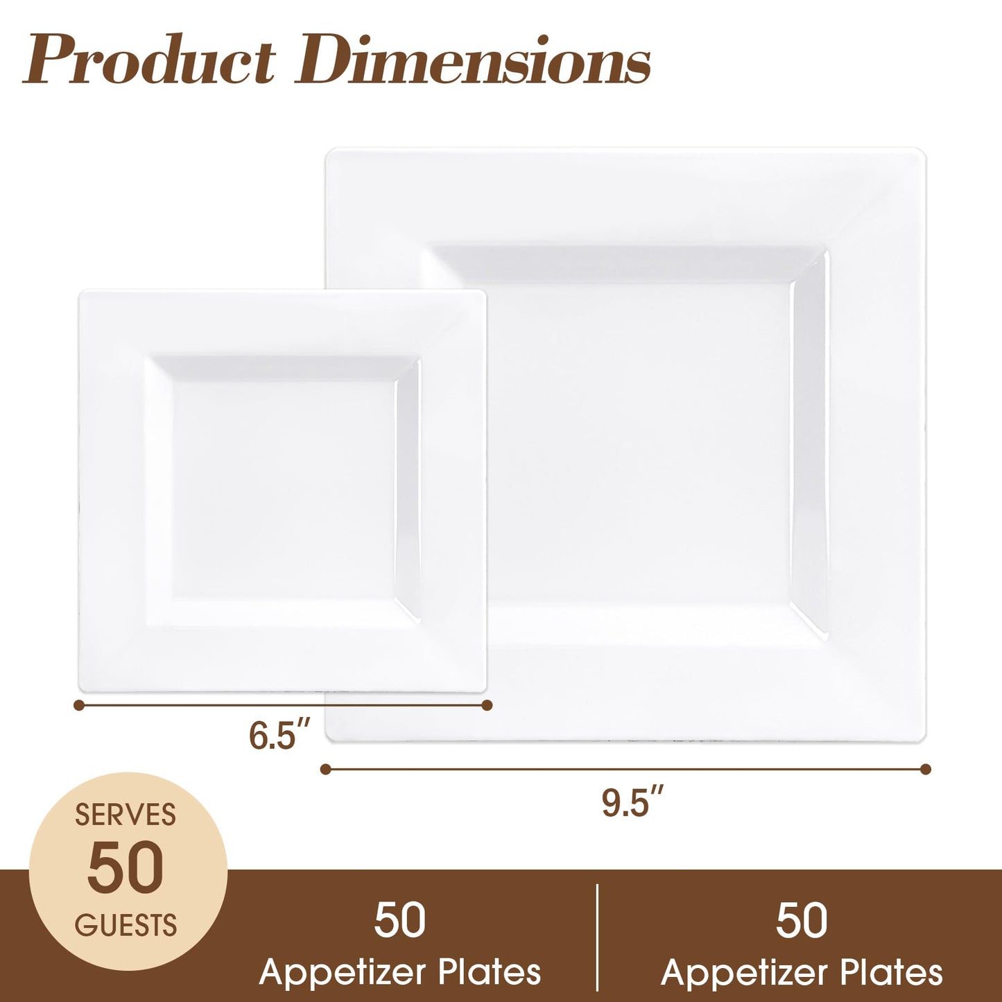 Pryntono 100 Pack White Square Plastic Plates, Includes 50 Dinner Plates 9.5" and 50 Dessert Plates 6.5", Heavy Duty Disposable Plates for Wedding, Holiday Party, Birthday, White