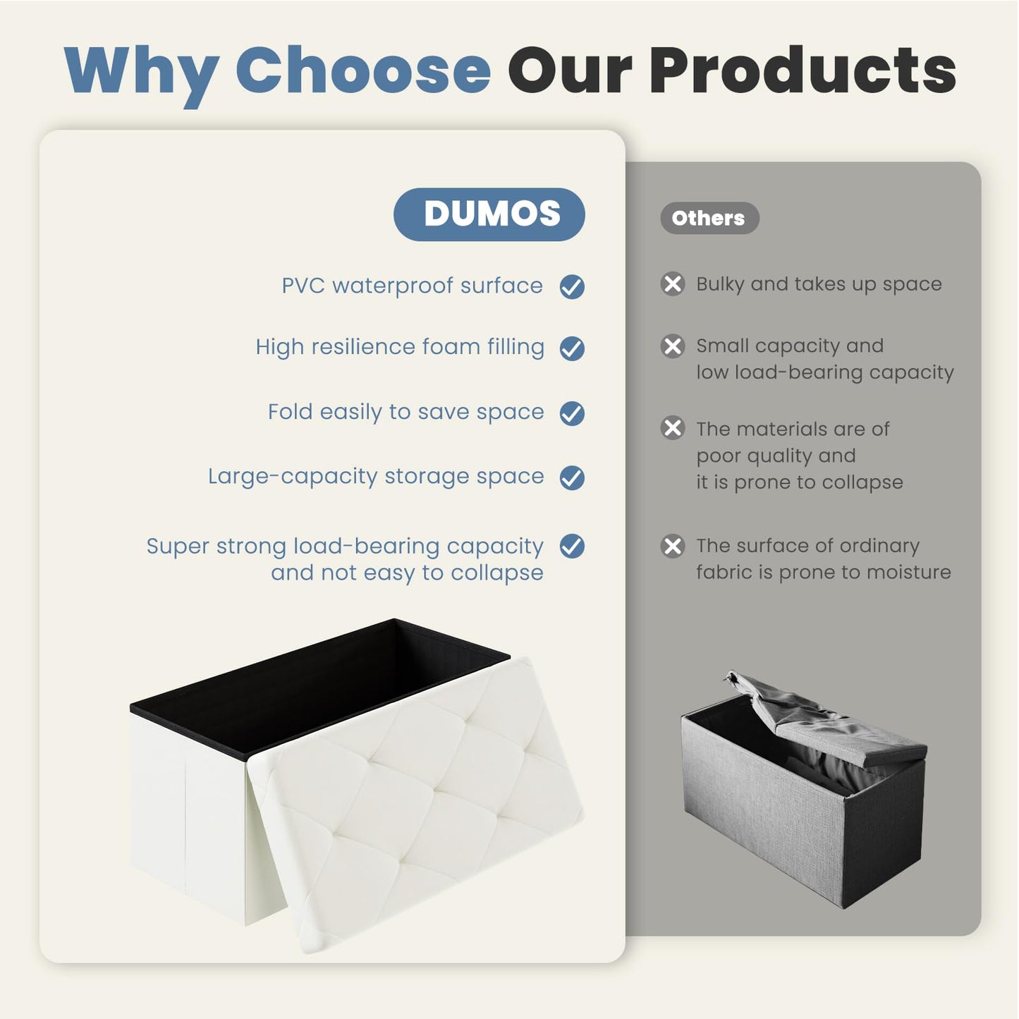DUMOS 30 Inches Folding Ottoman with Storage Bench, Foot Rest Stool, End of Bed Storage Bench Upholstered, Load 660 lbs, for Living Room, Lychee Grain Leather, Beige
