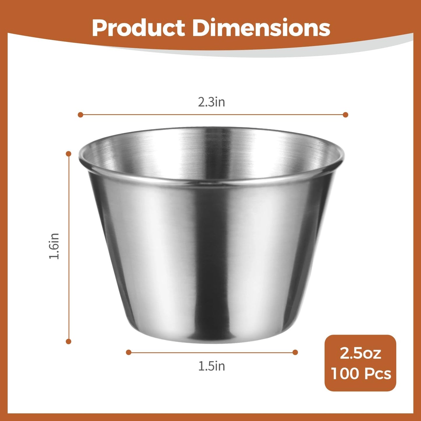 100Pcs Stainless Steel Dipping Sauce Cups, 2.5oz Metal ramekins,Reusable Metal Sauce Cups Stainless Steel Condiment Cups Small Dipping Bowls Round Individual Portion Cups for Home, Restaurant (100)