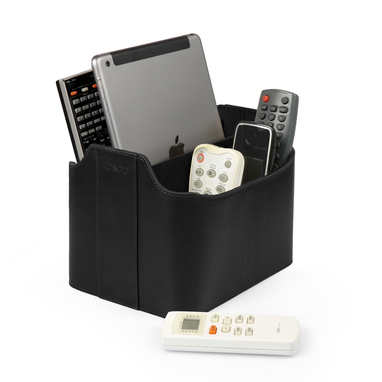 Londo PU Leather Remote Control Holder, Office Supplies Desk Organizer with Tablet Slot, Makeup Brush and Utensils Cube, Large Capacity Desk Caddy With 5 Compartments