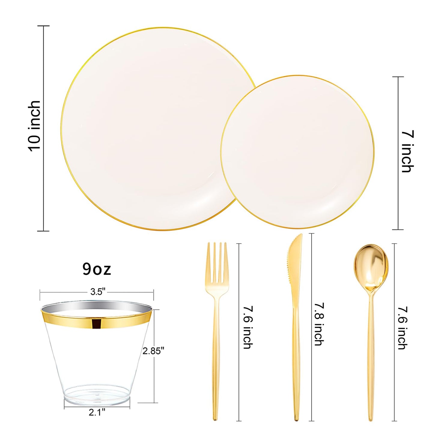 bUCLA 150PCS Ivory Plastic Plates with Gold Trim - Heavy Duty Cream Plastic Disposable for Party & Wedding - Include 25 Each（Dinner & Dessert） Plates, 25 Knives, 25 Forks, 25 Spoons & 25 Cups