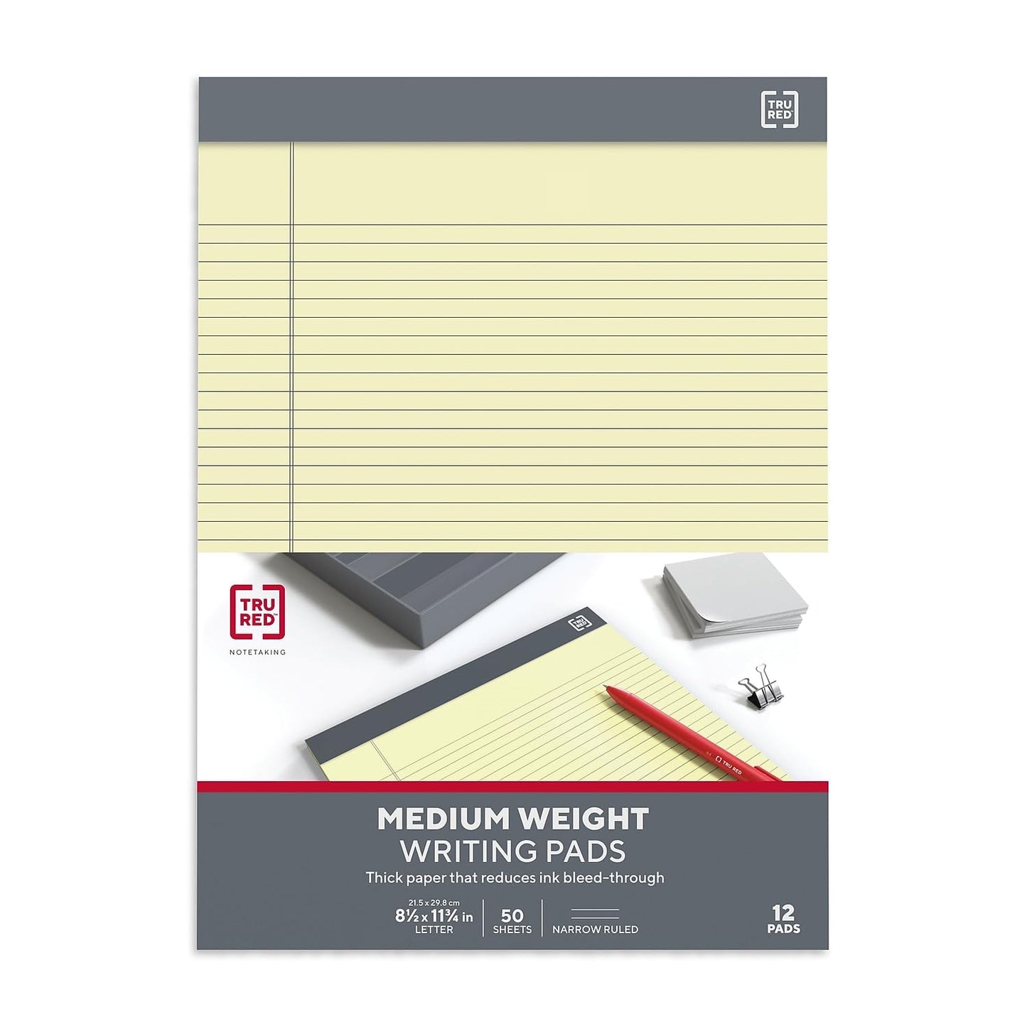 TRU RED Notepads, 8.5” x 11.75”, Narrow Ruled, Canary, 50 Sheets/Pad, 12‑Pack