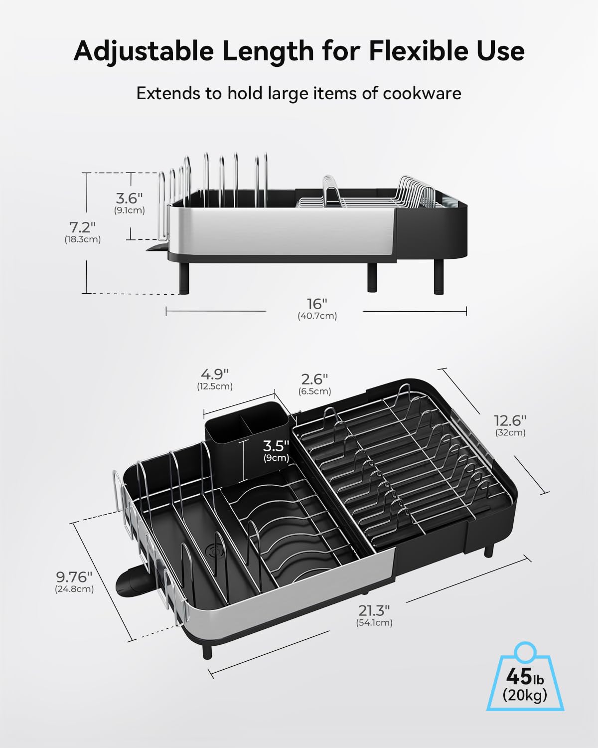 SUNLY Expandable Dish Drying Rack, Versatile Brackets for Pots & Pans, Space Saving Kitchen Drying Rack, Dish Racks for Kitchen Counter, Stainless Steel Dish Drainers with Extendable Spout, Black