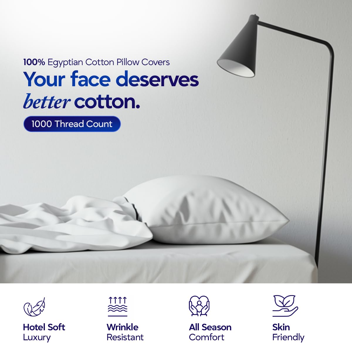 1000 TC Pillowcases Set of 4 100% Egyptian Cotton Pillow Cases with Long Staple Cotton & Sateen Weave, Silky Soft Hotel Like Bed Pillow Covers, Snug Fit (White, 4 Pc King)