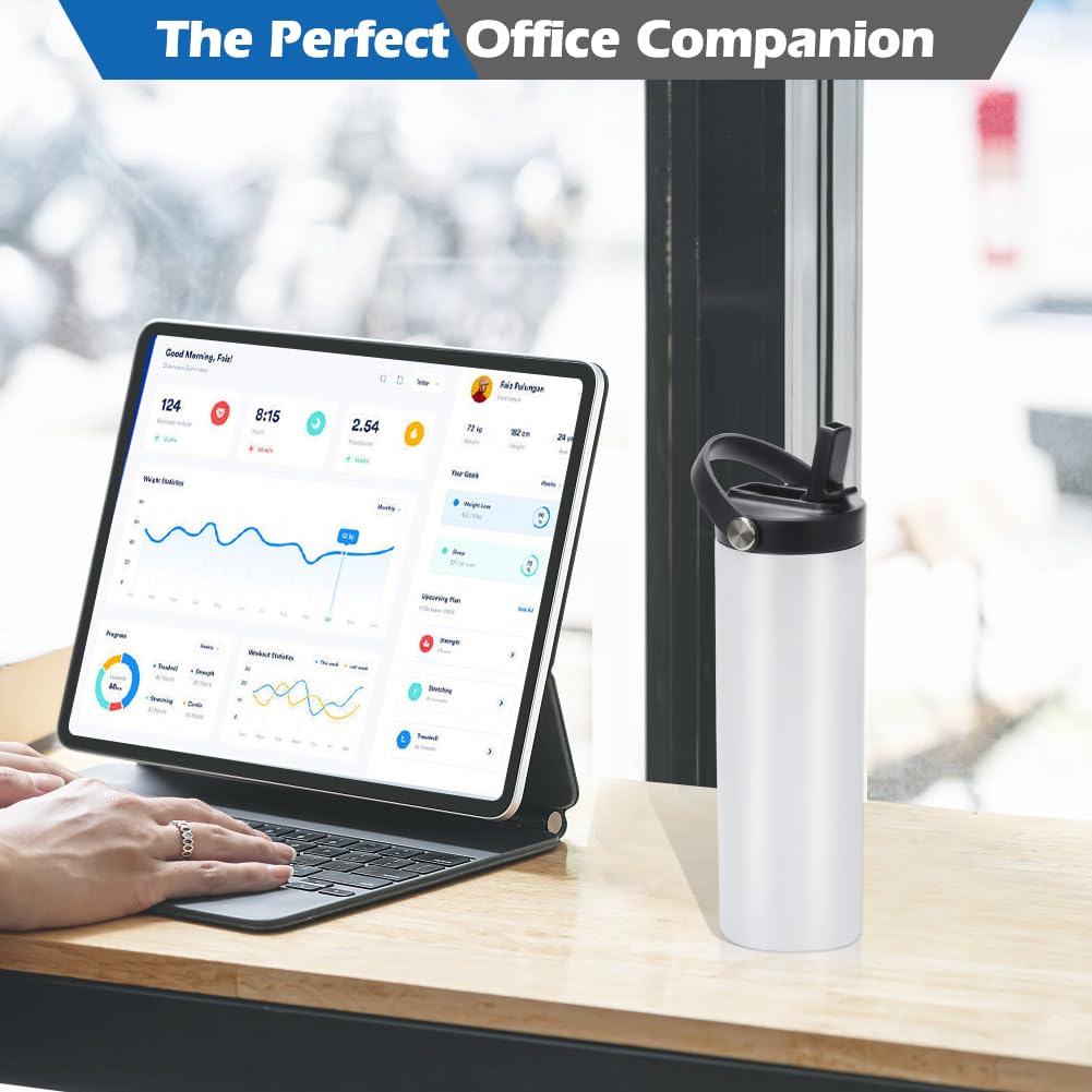 12 Pack Sublimation Tumblers Flat Edge Blanks Skinny Straight 20 oz, Stainless Steel Double Wall Insulated Sublimation Water Bottles with Portable Handle & Straw Lids for Heat Transfer, White