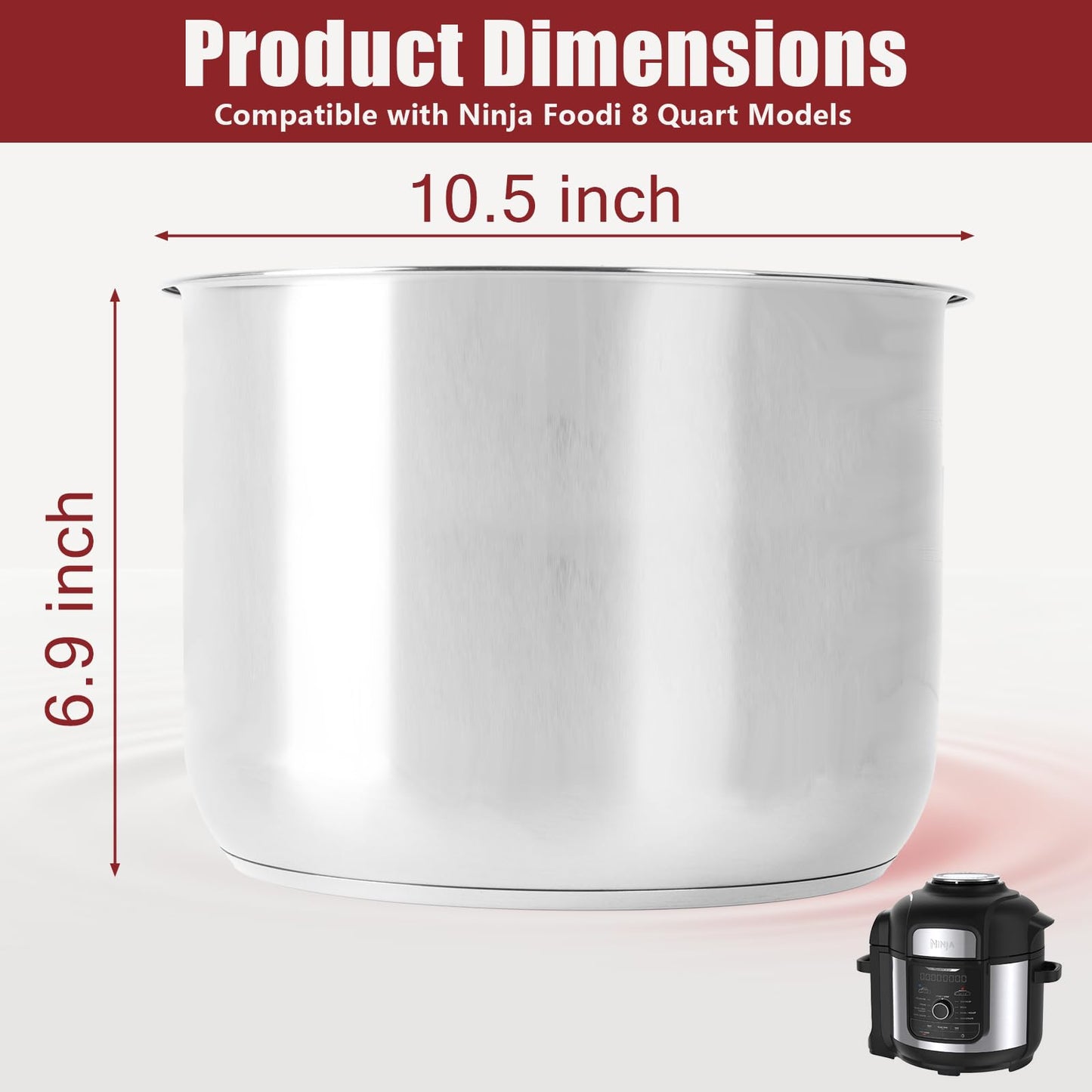 Stainless Steel Inner Pot Compatible with Ninja Foodi 8Qt, Food Grade 304 Replacement Insert Liner, Thick Bottom Even Heating Non-Toxic Pressure Cooker Accessory