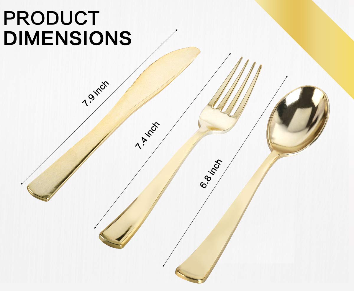M MCIRCO 350 Piece Gold Dinnerware Set,100 Plastic Plates, 50 Cups,50 Pre Rolled Napkins with Plastic Silverware, Disposable Gold Dinnerware Set for 50 Guest