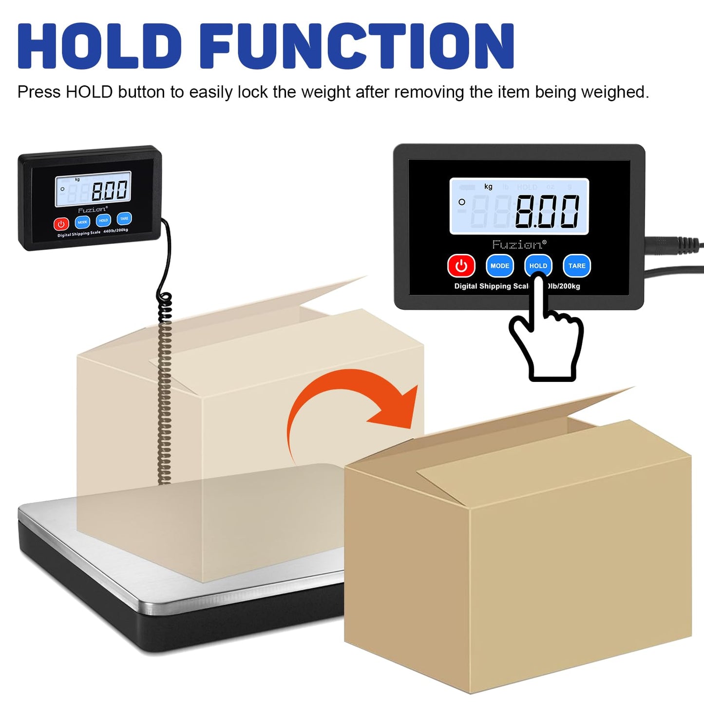 Fuzion Shipping Scale 440lb x 10g Accuracy, Postal Scale with Hold/Tare, Digital Shipping Scale for Packages Small Business, Luggage, Battery & AC Adapter