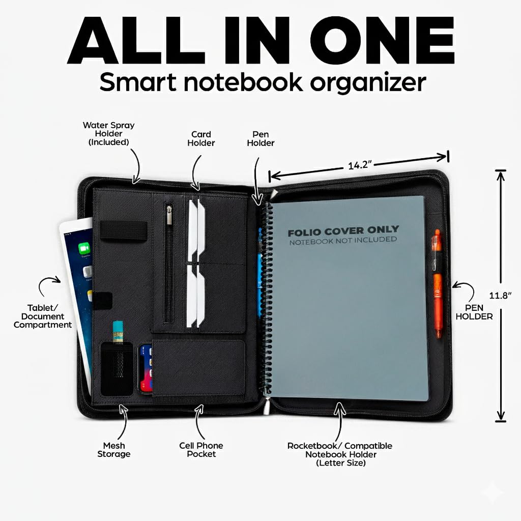 Luxury Folio Cover Compatible with Rocketbook Pro 2.0, Everlast, Wave, Fusion, Panda, Smart Reusable Notebook - Letter Size A4 Portfolio Organizer Multiple Pockets & Sections - Smart Notebook 8.5x11