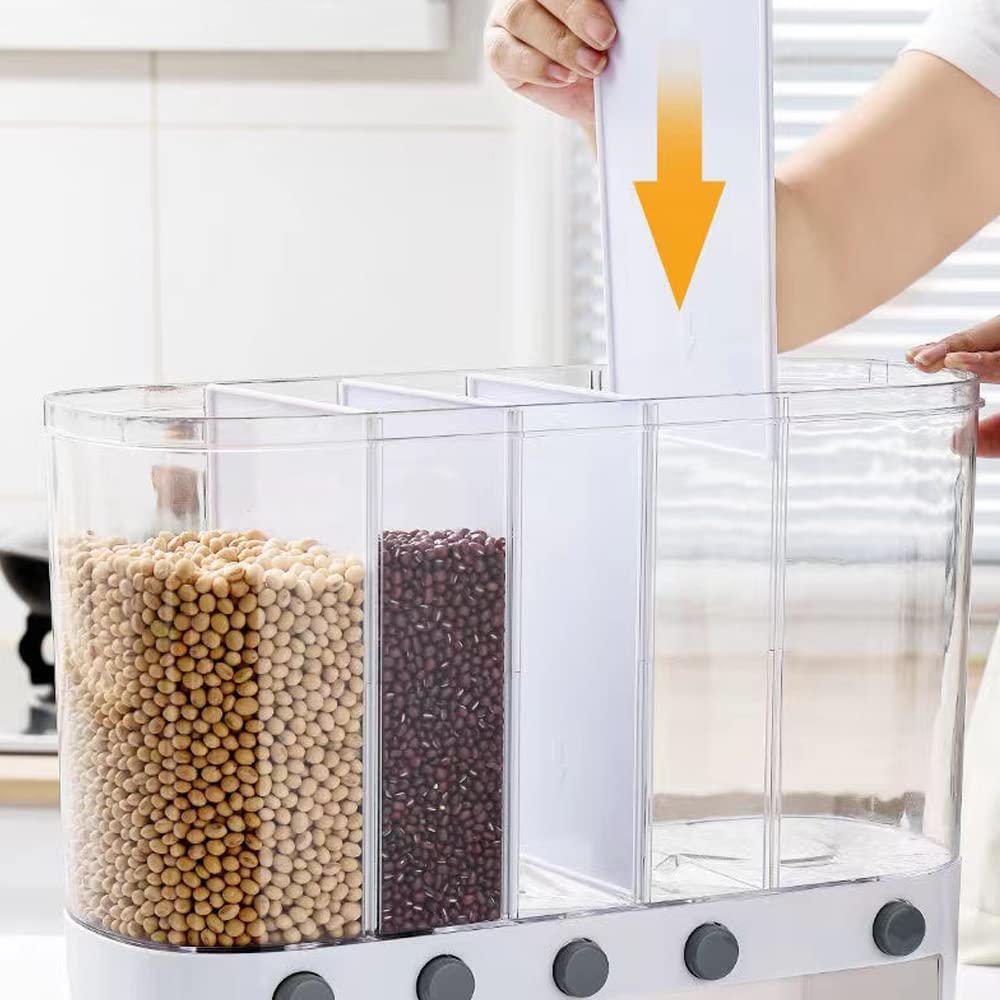 Xilei Dry Food Dispenser,Wall mounted 5 Grid Cereal Dispenser,Rice dispenser 25 pounds Kitchen Storage with Measuring Cup