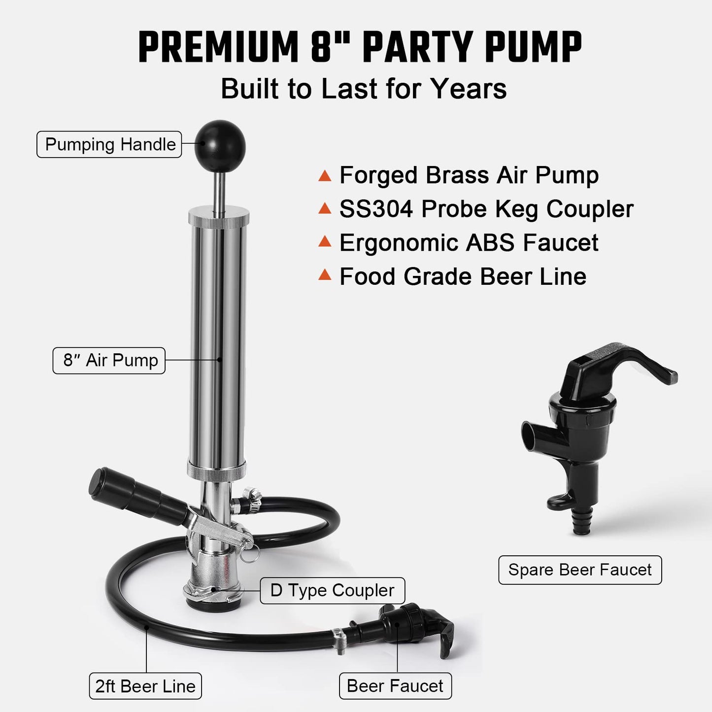 Hilangsan 8” Keg Tap Beer Keg Party Pump, D System Beer Taps for Kegs, Kegerator Tap Stainless Steel Probe Coupler Beer Tap with Beer Line Faucet Hose Clamps for US Sankey Homebrew