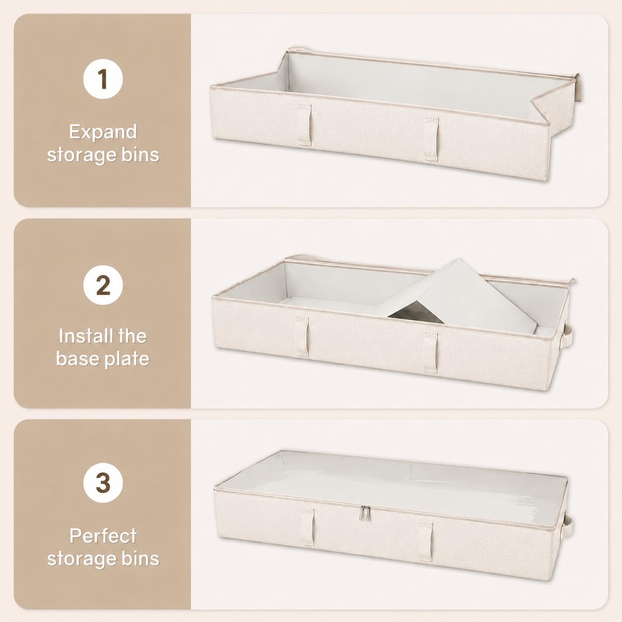 Vailando Side-Supported Under Bed Storage Containers, 6 Inches Tall 60L Underbed Storage Bins with Sturdy Handles and Sidewalls, Closet Organizer for Clothes, Blankets, Seasonal Items, Beige, 2-Pack