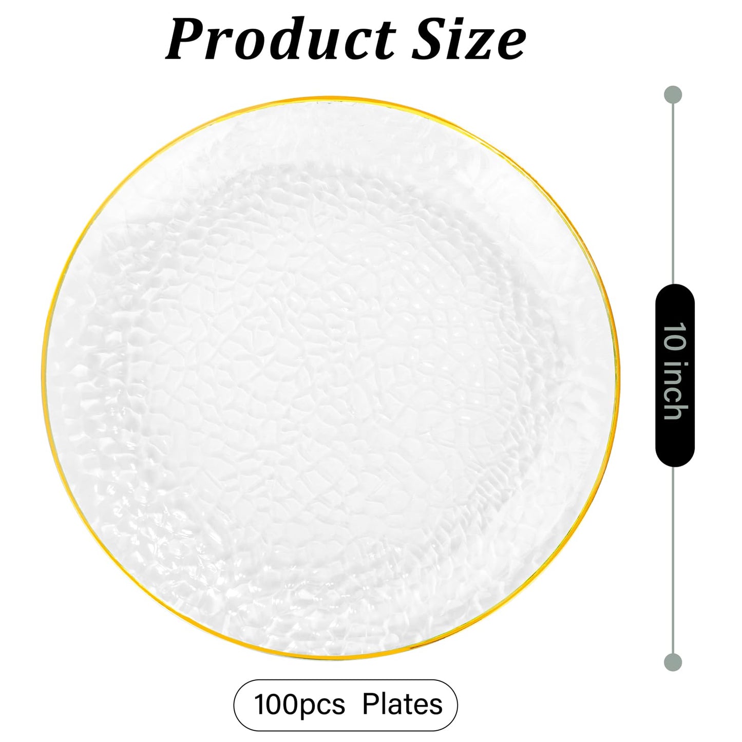 Rubtlamp 100 Pcs Gold Plastic Plates, 10 inch Clear Gold Dinner Plates, Hammer Pattern Design, Fancy Disposable Plate, Heavy Duty Party Plate Ideal for Party